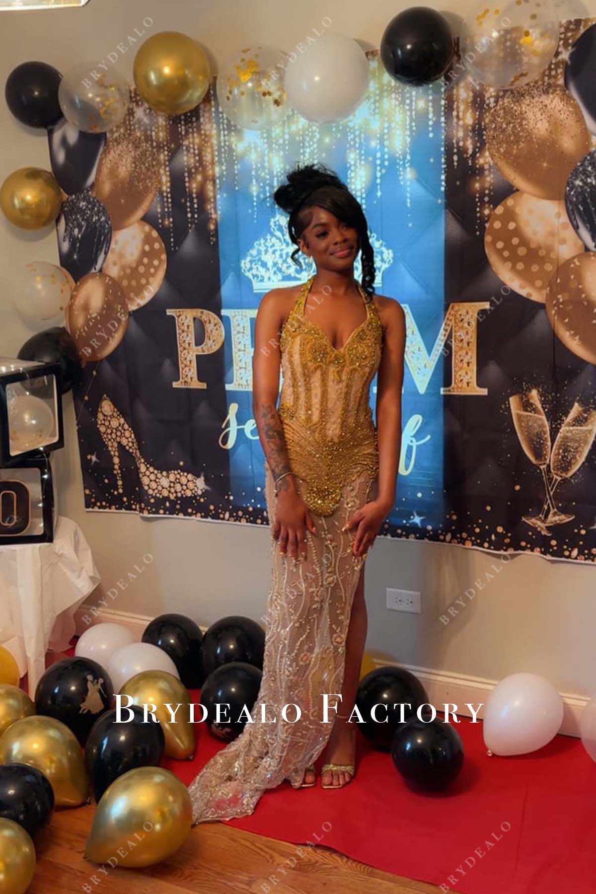 gold rhinestone beaded prom dress