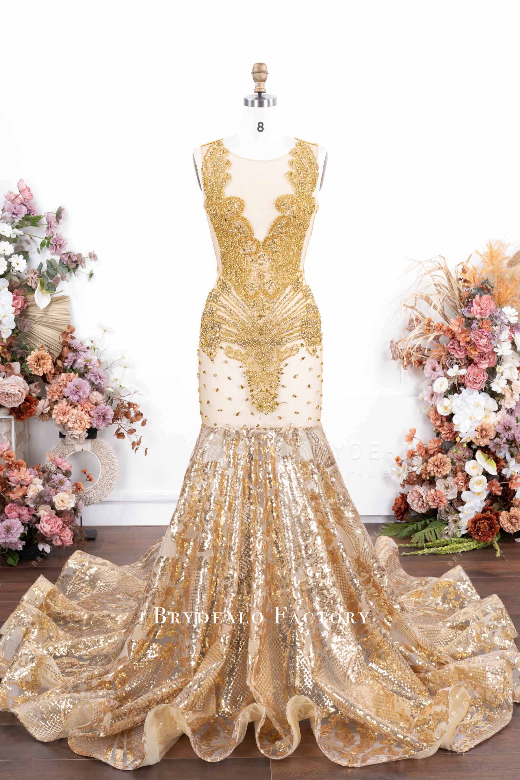 gold rhinestone sequin mermaid prom dress