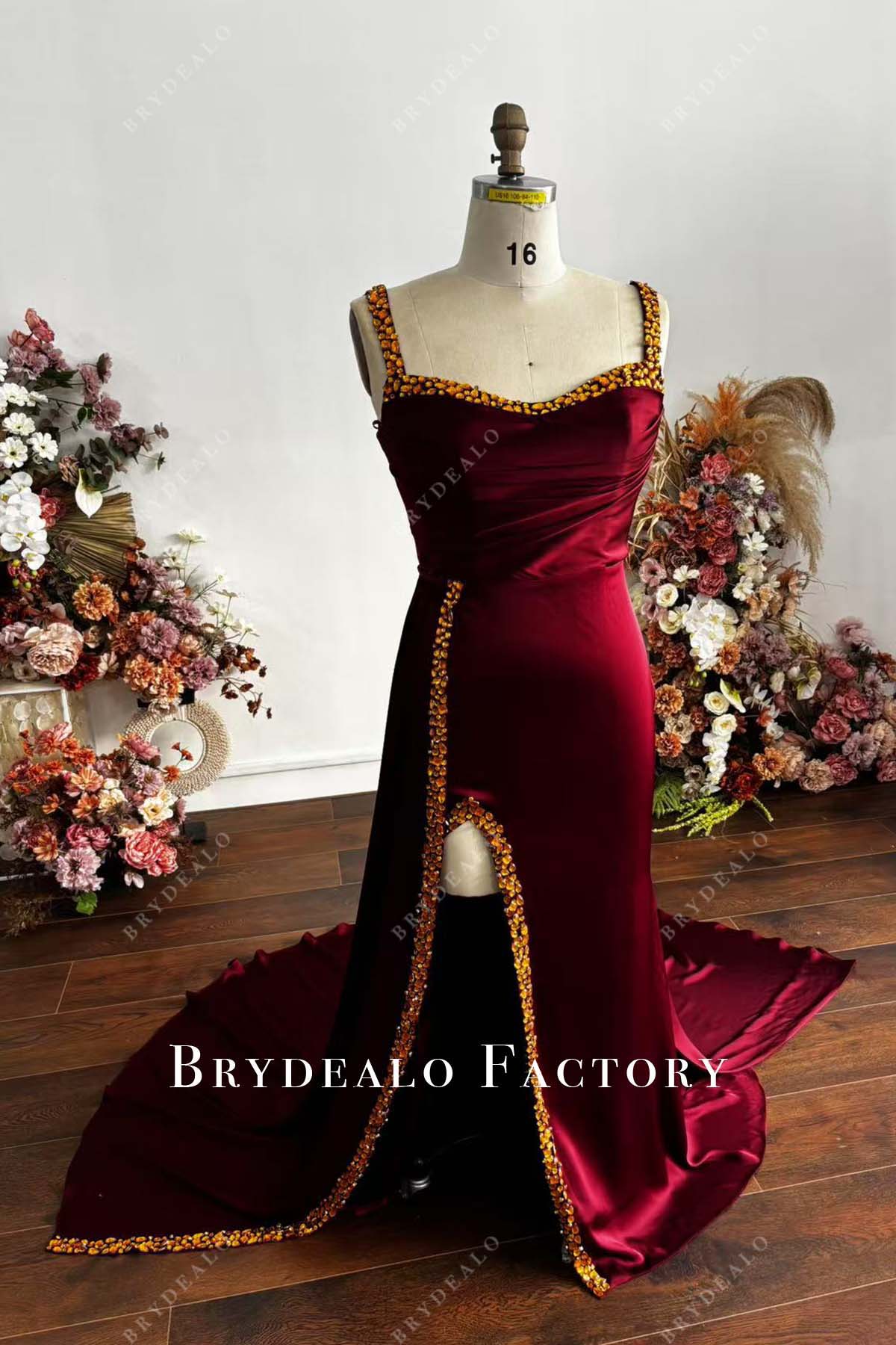 gold rhinestones slit overskirt burgundy prom dress