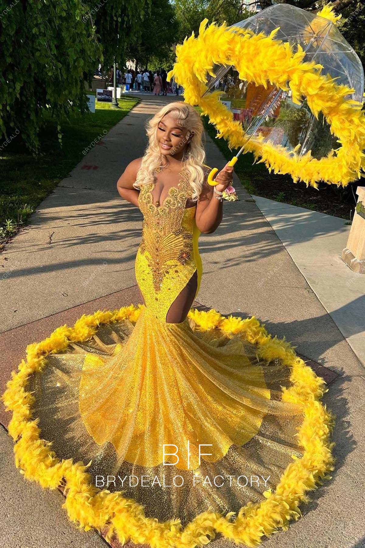luxury rhinestones gold glitter mermaid feather prom gown