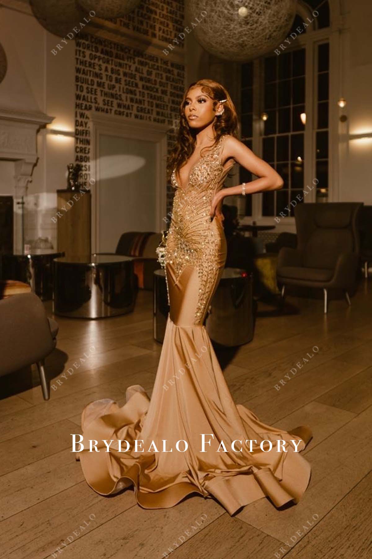 Gold Rhinestones Sleeveless Mermaid Senior Prom Dress Gold Rhinestones Sleeveless Mermaid Senior Prom Dress