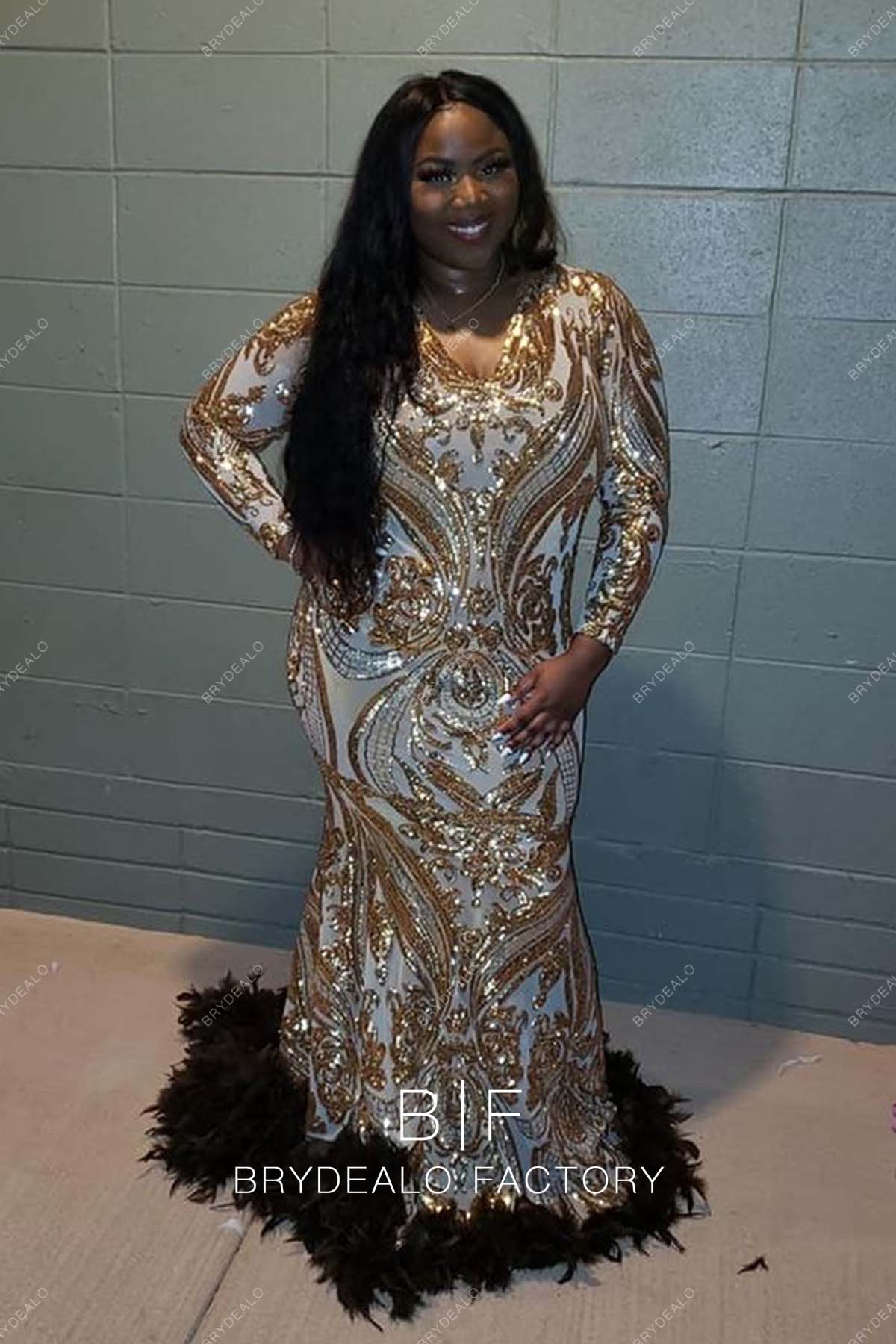 Plus Size Champagne Unique Sequin Black Feathered Mermaid Prom Dress Plus Size Champagne Unique Sequin Black Feathered Mermaid Prom Dress