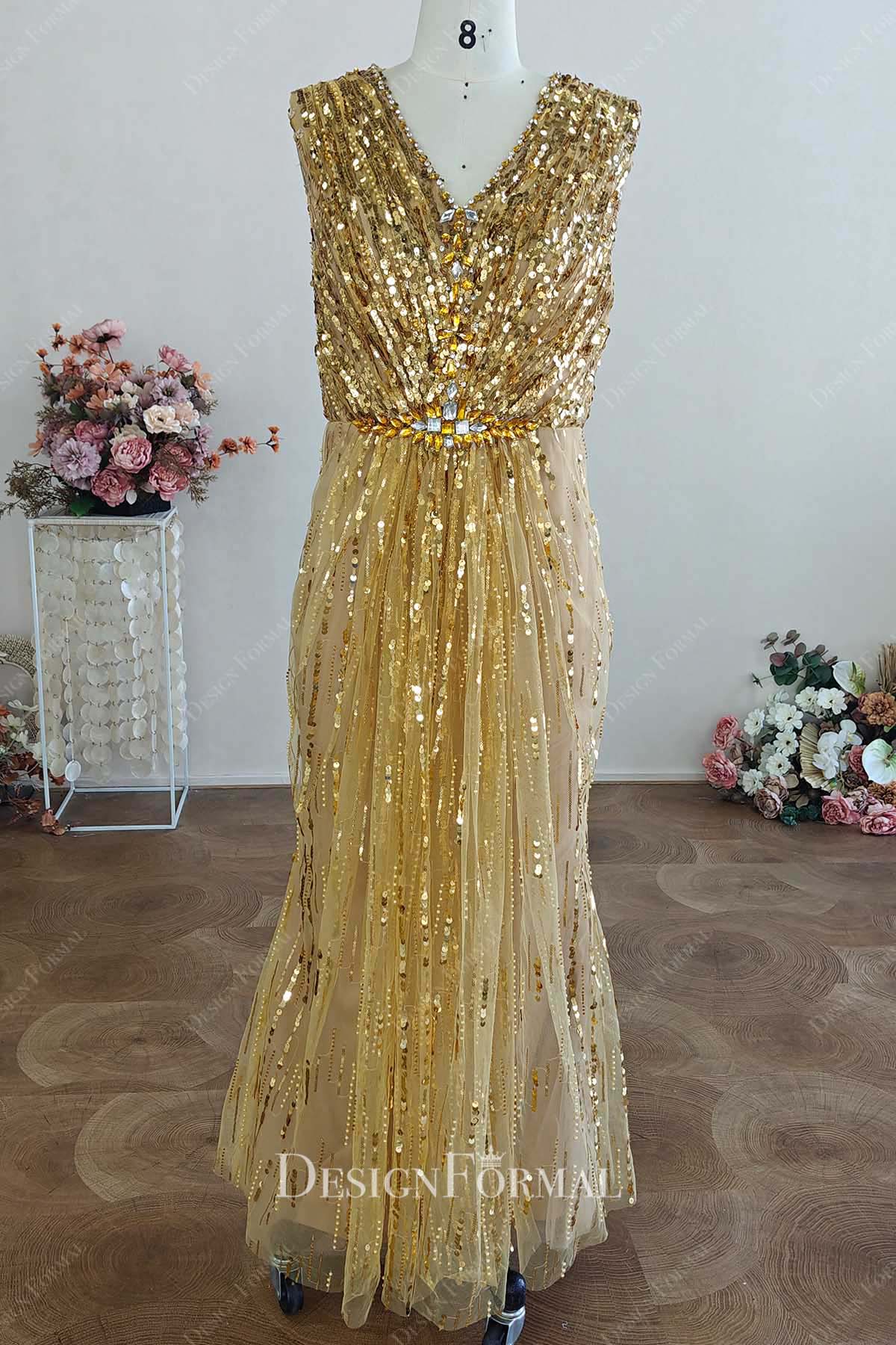 gold sequin fit flare prom dress