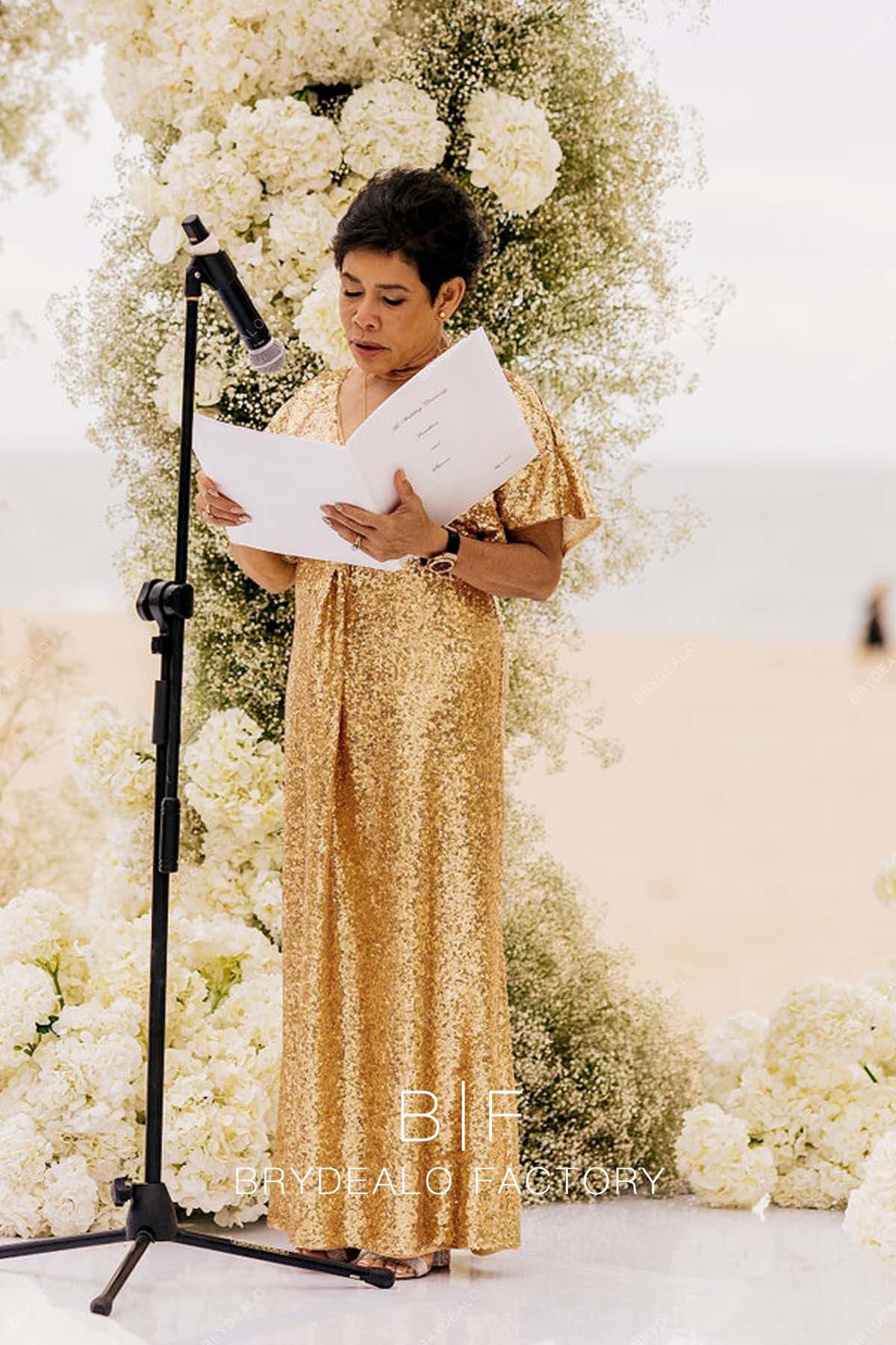 Gold Sequin Floor Length Mother of the Bride Dress