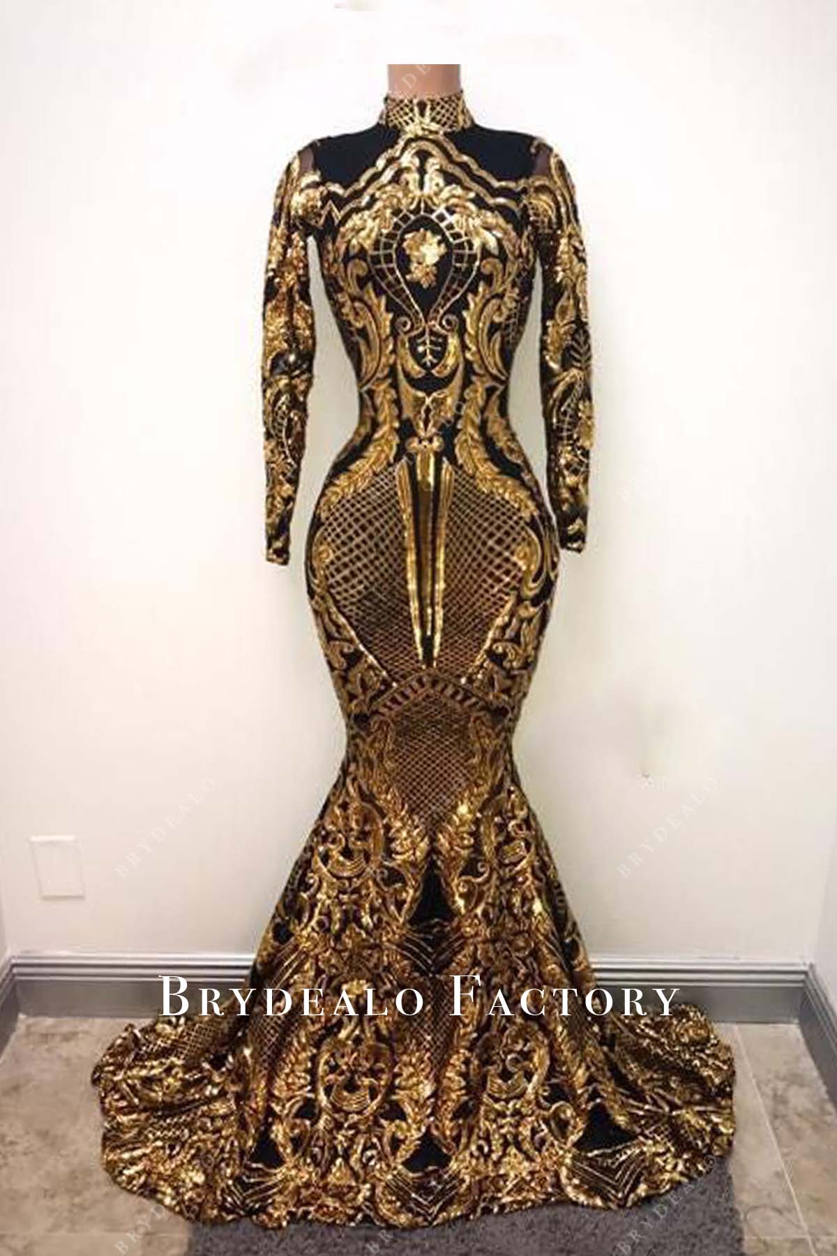 Gold Sequin Overlaid Black High Neck Long Sleeve Mermaid Prom Dress Gold Sequin Overlaid Black High Neck Long Sleeve Mermaid Prom Dress