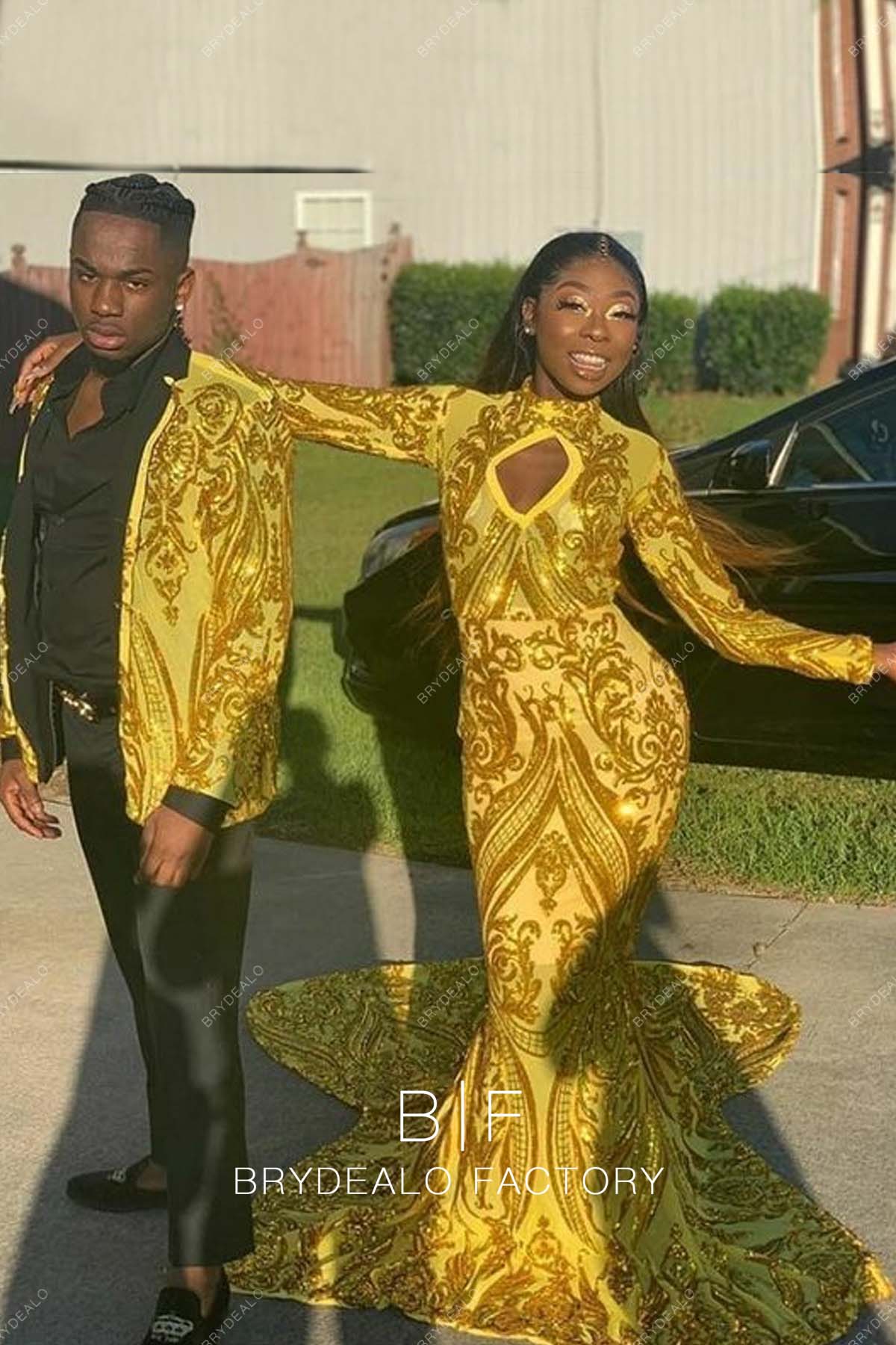 knee length dresses for ladies Black Long Sleeve Mermaid Sequin Prom Dresses Gold Lace main image 1