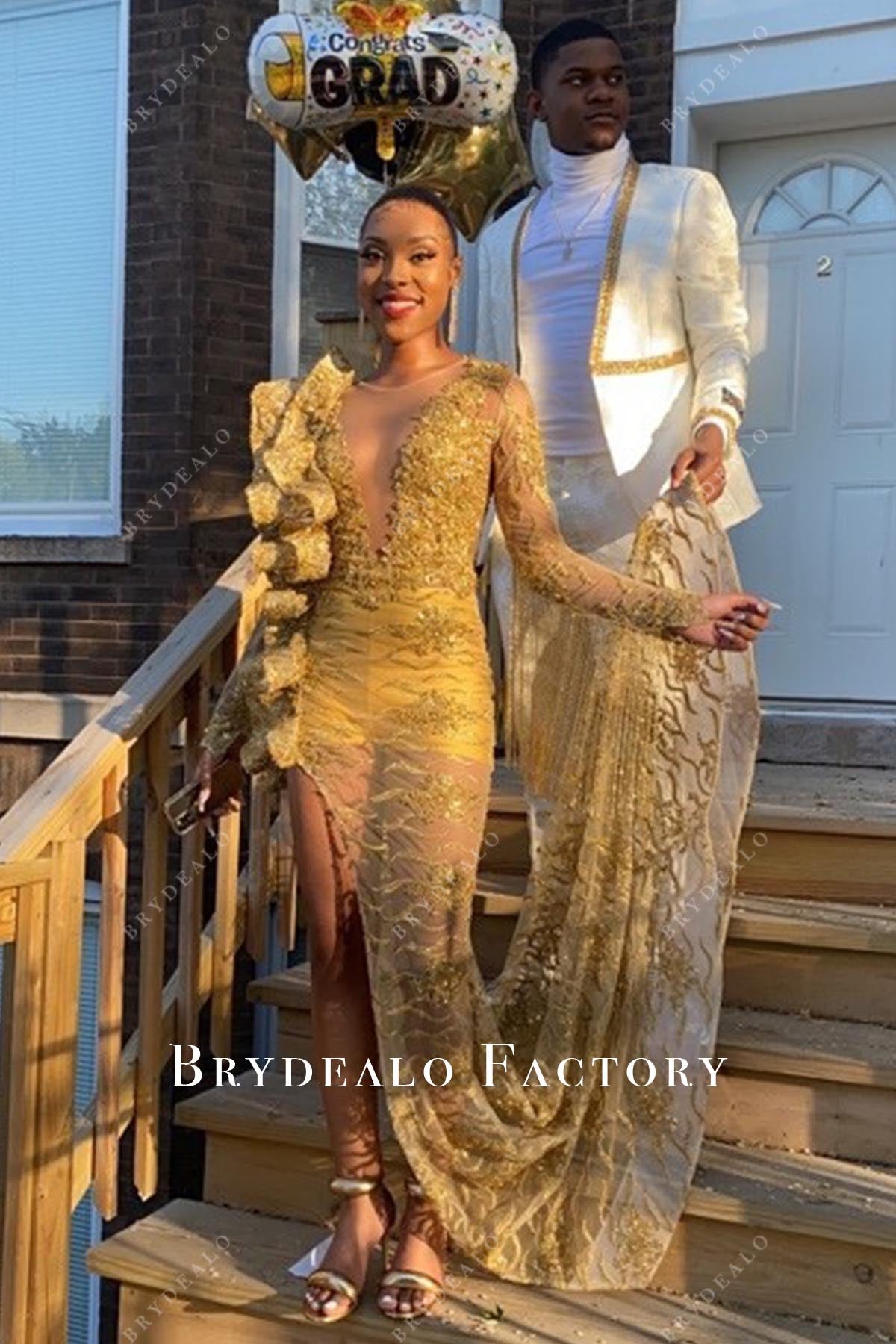 gold sequined long train prom dress