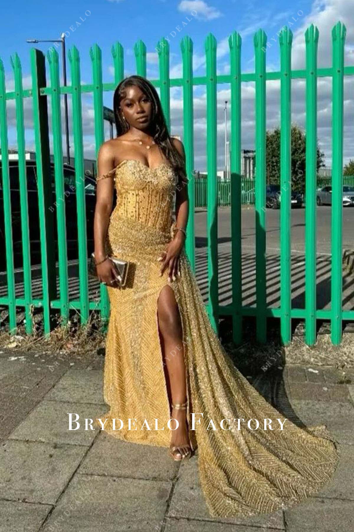 Gold Rhinestones Off Shoulder Panel Train Prom Dress Gold Rhinestones Off Shoulder Panel Train Prom Dress