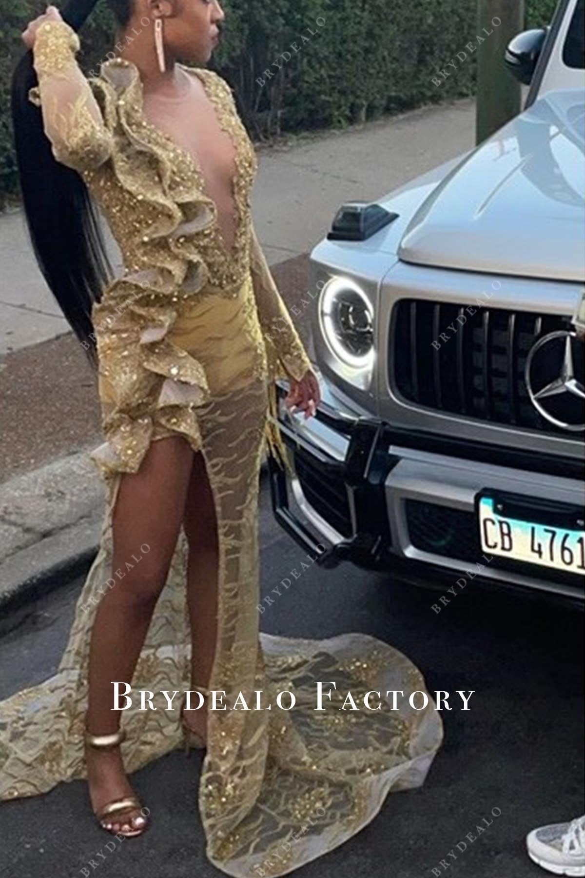 gold sequined slit prom dress