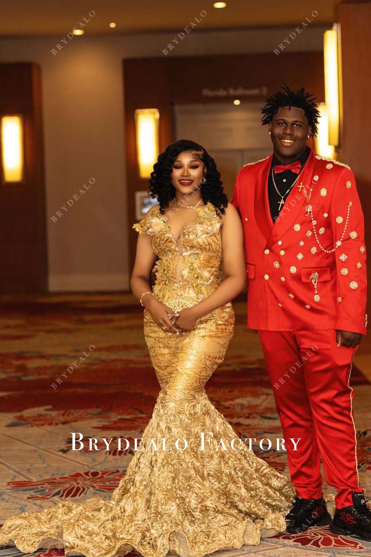 Shimmery Gold 3D Rose Trumpet Long Train Prom Dress Shimmery Gold 3D Rose Trumpet Long Train Prom Dress