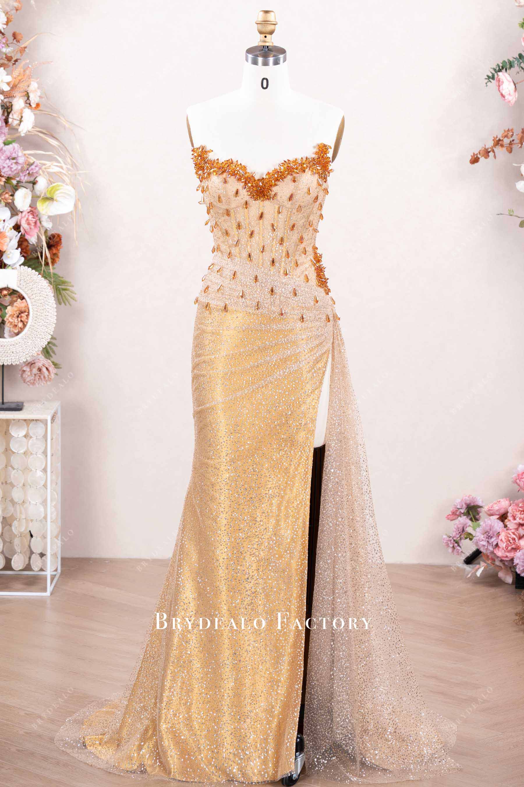 Gold Strapless Crystal V-Neck Corset Glitter Prom Dress Gold Strapless Crystal V-Neck Corset Glitter Prom Dress