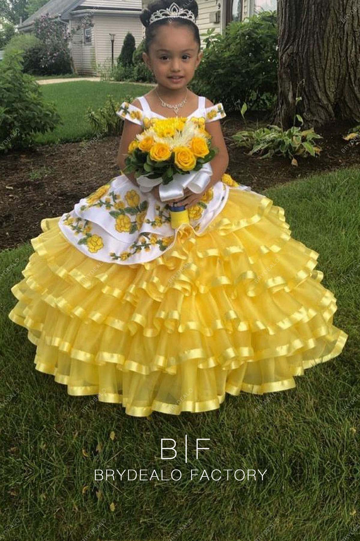 Cold Shoulder White Gold Tiered Ball Gown Flower Girl Dress