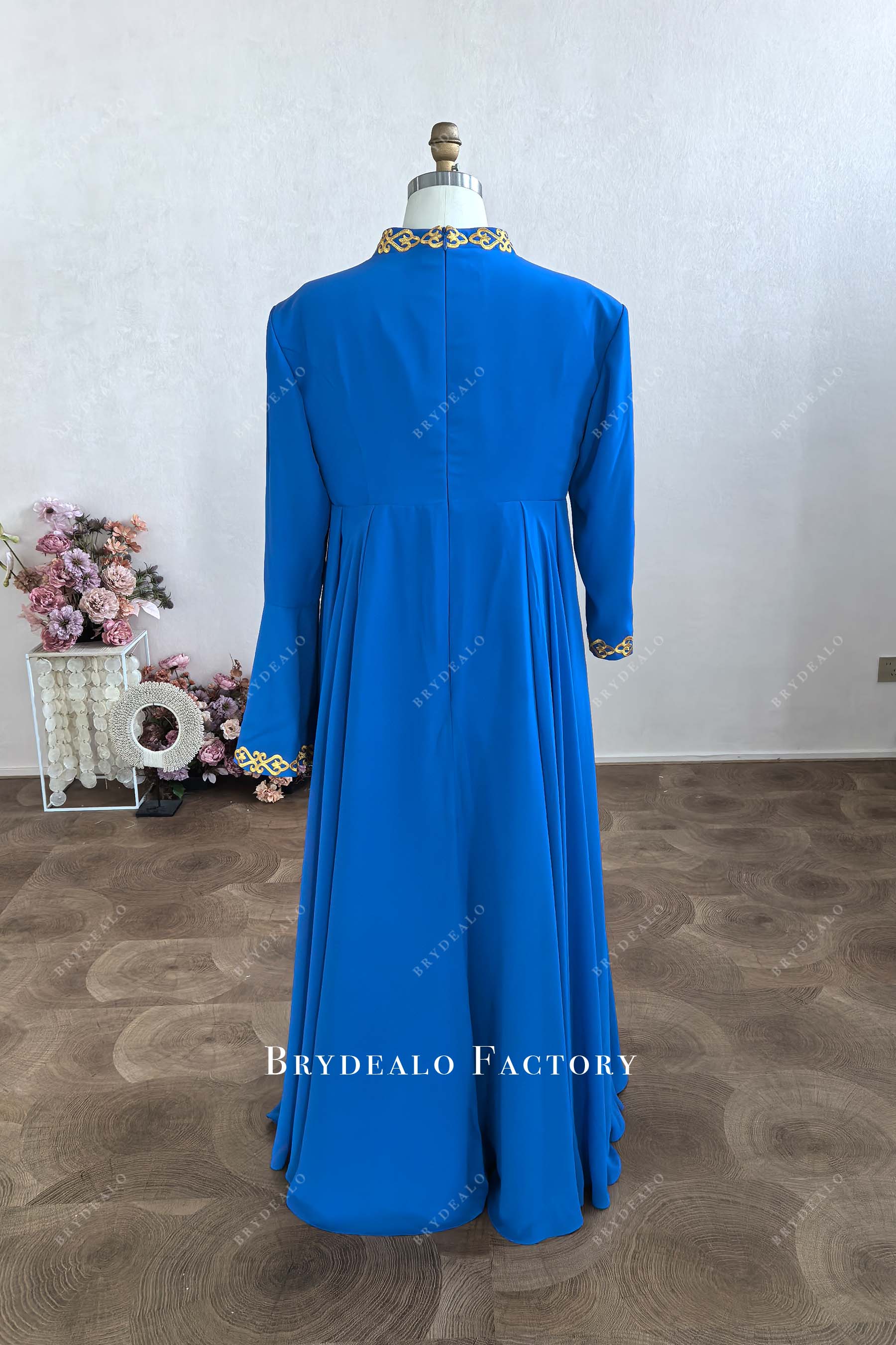 gold trim high neck blue chiffon bridesmaid dress