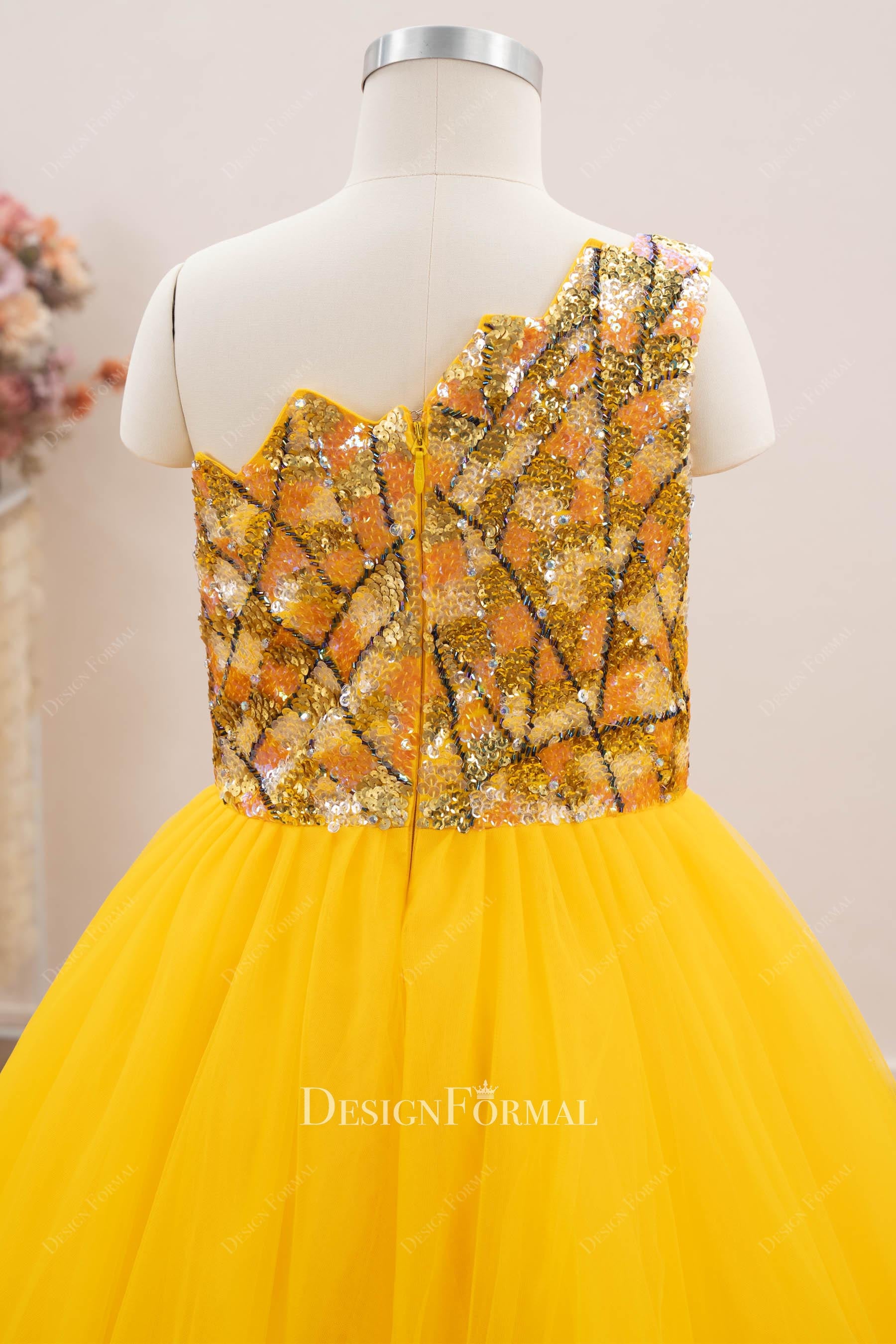 gold tulle curved back kids pageant dress