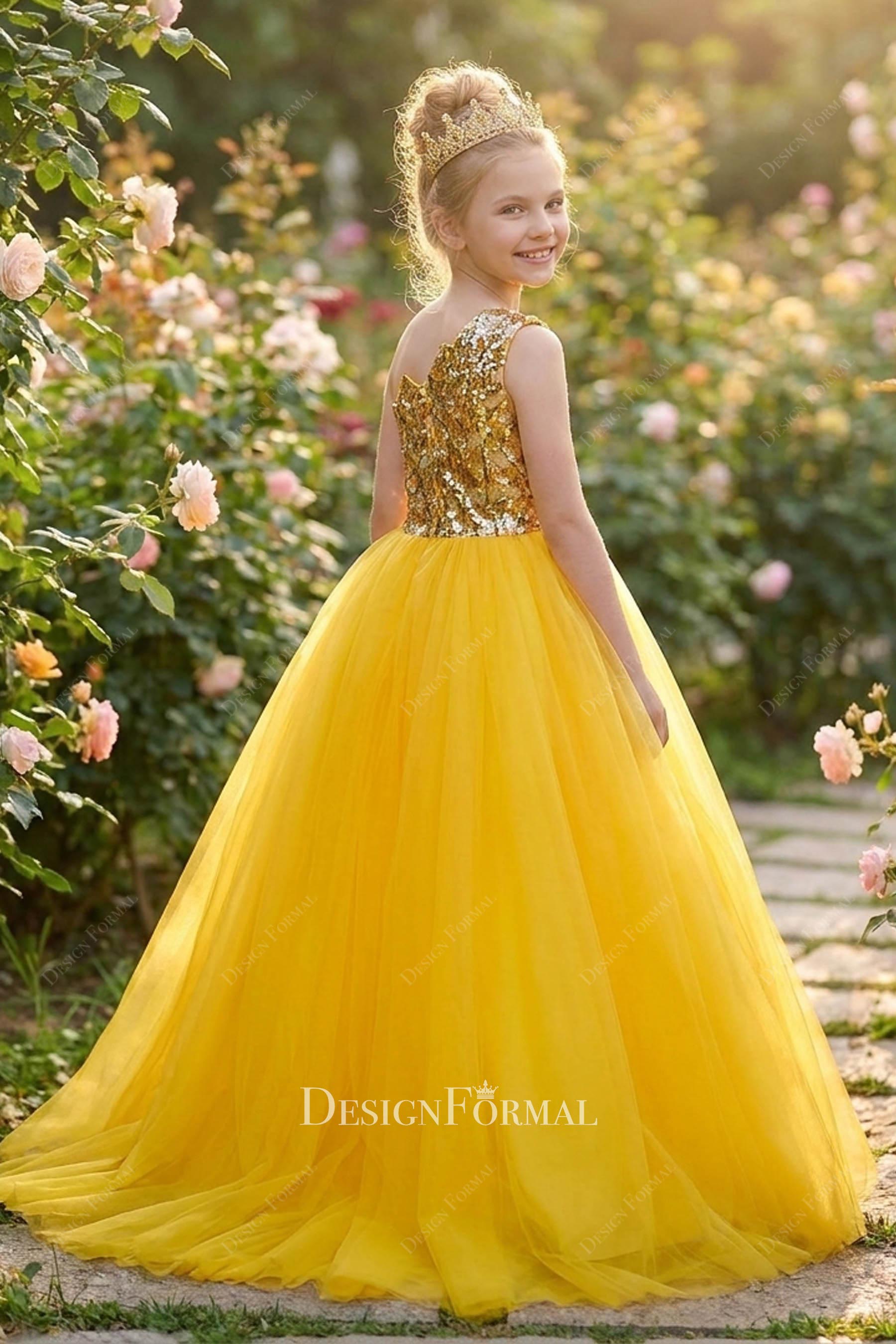 gold tulle sweep train kids pageant dress