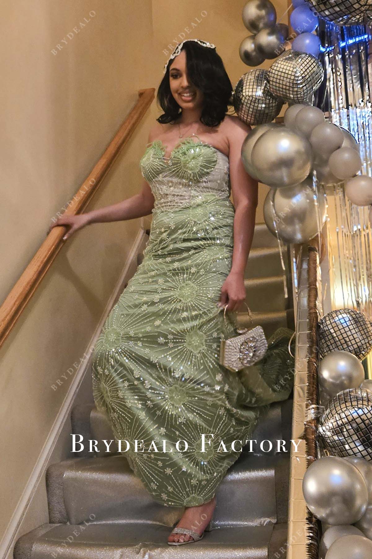 green beaded flowers long prom dress
