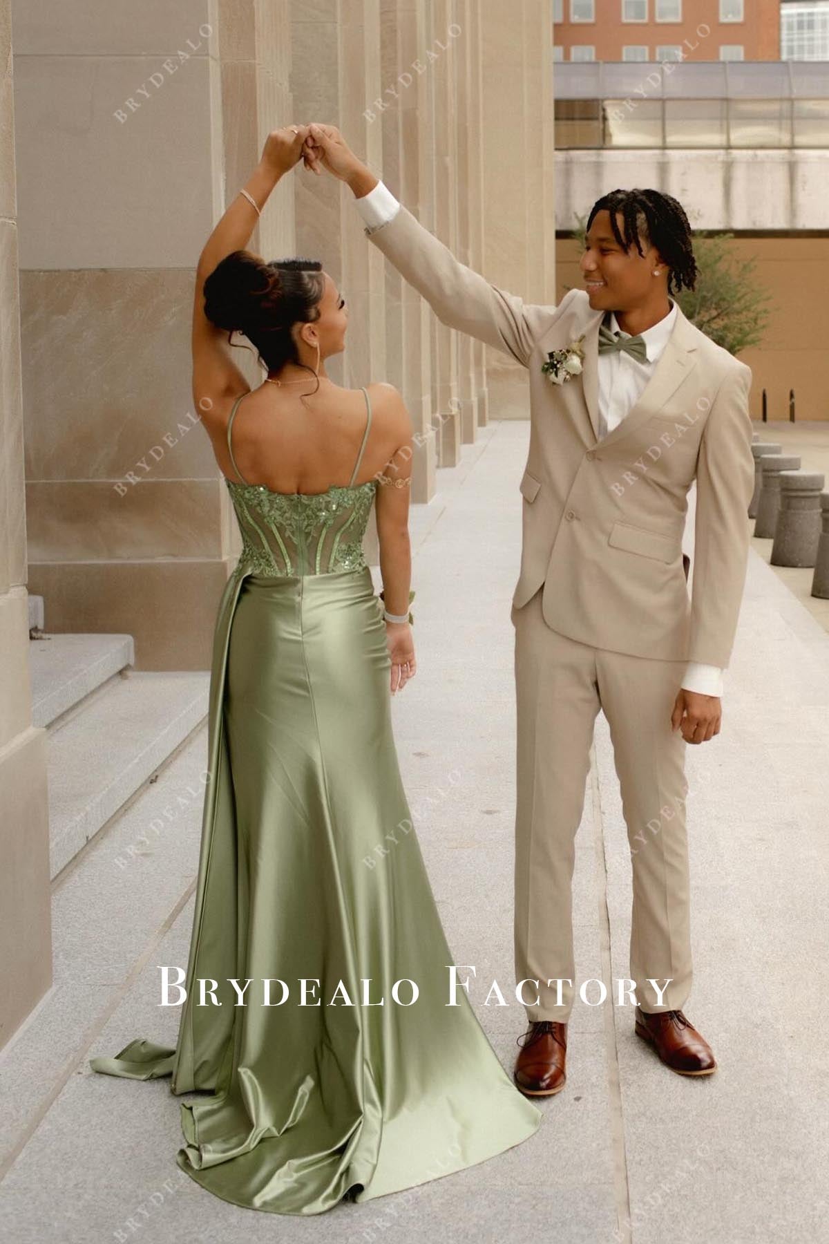 green corset fit flare prom dress