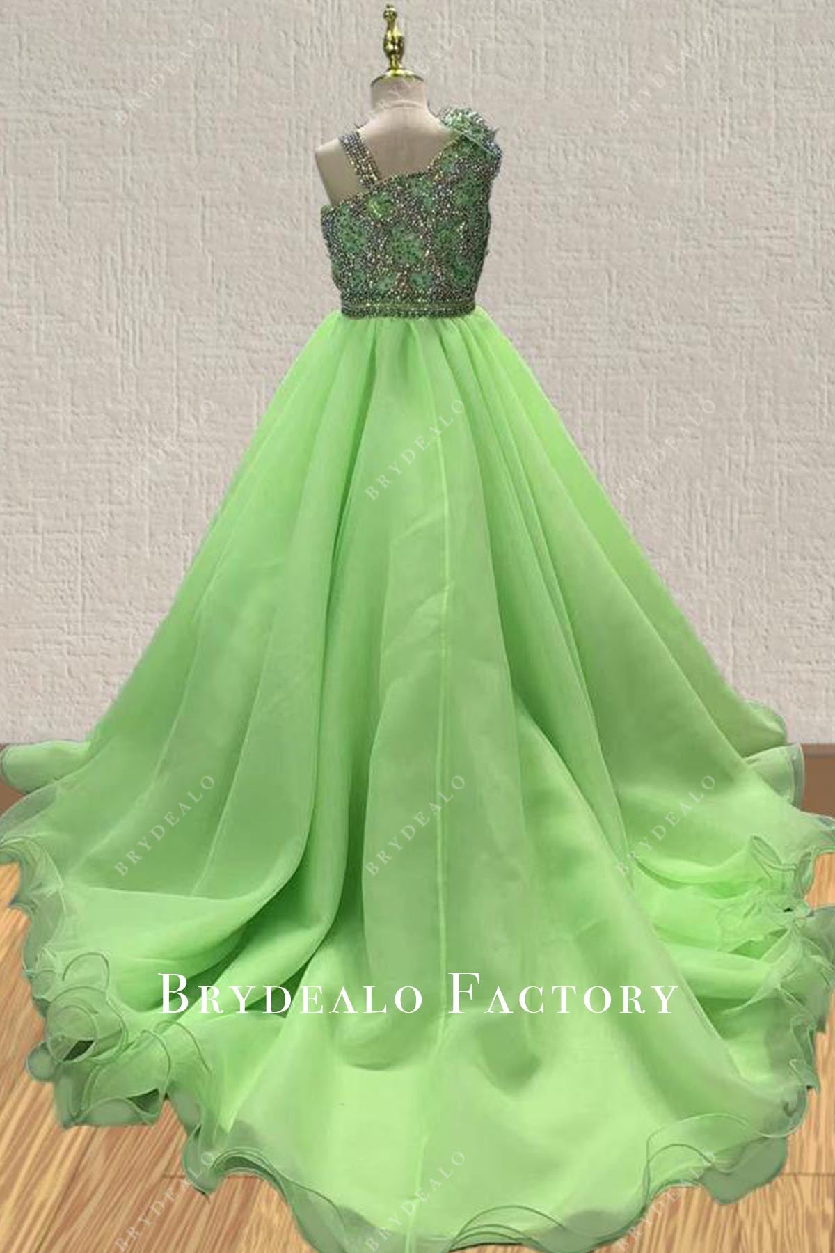 green court train pageant dress