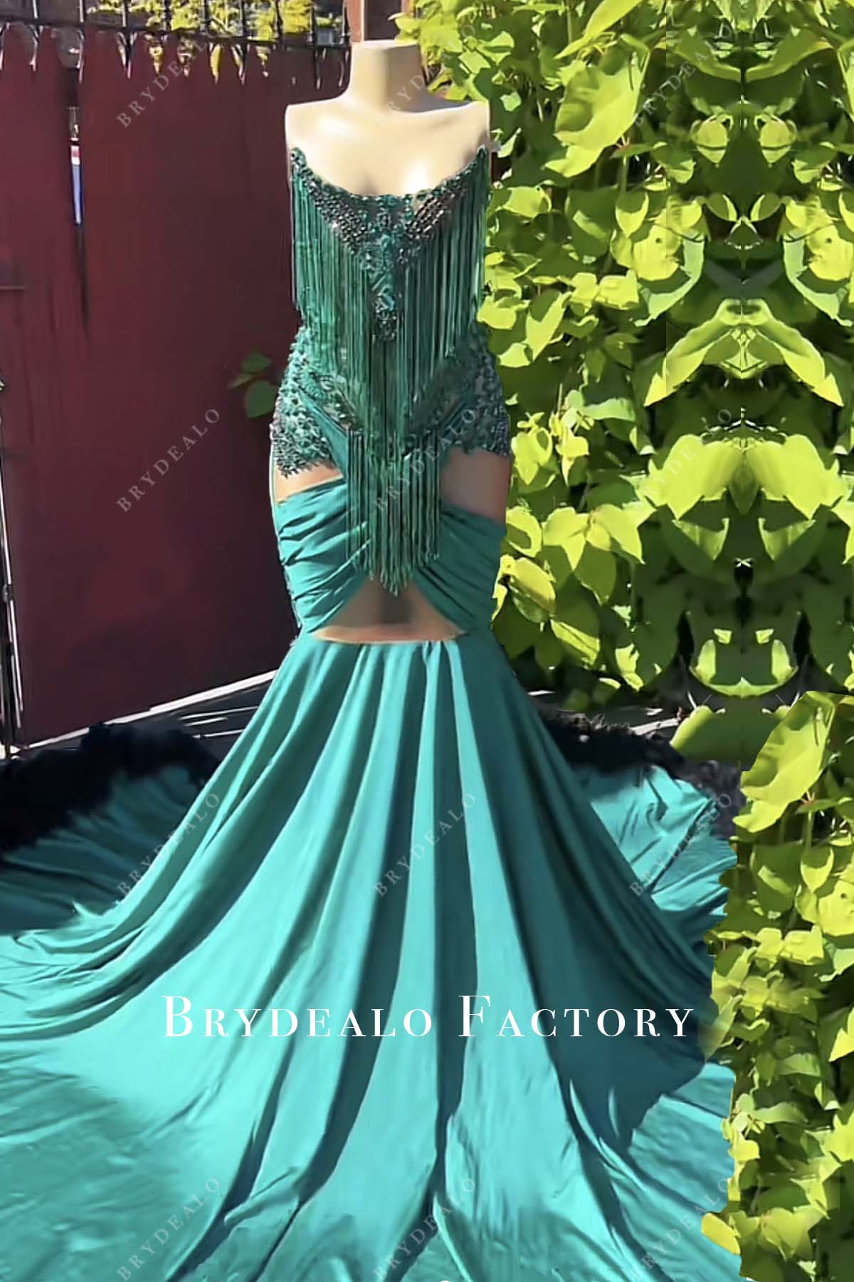Dark Green Beaded Tassels Strapless Jersey Mermaid Prom Dress Dark Green Beaded Tassels Strapless Jersey Mermaid Prom Dress