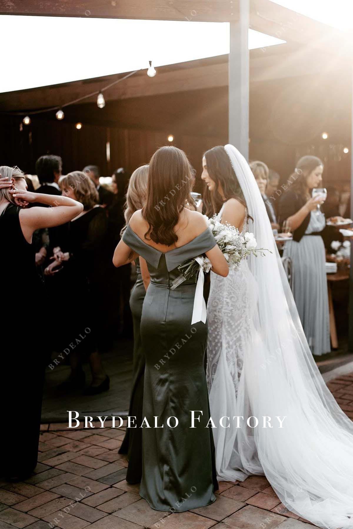 green off shoulder bridesmaid dress