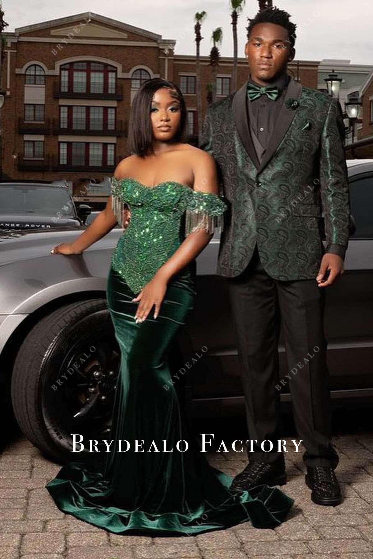 Green Rhinestones Velvet Trumpet Long Train Prom Dress Green Rhinestones Velvet Trumpet Long Train Prom Dress