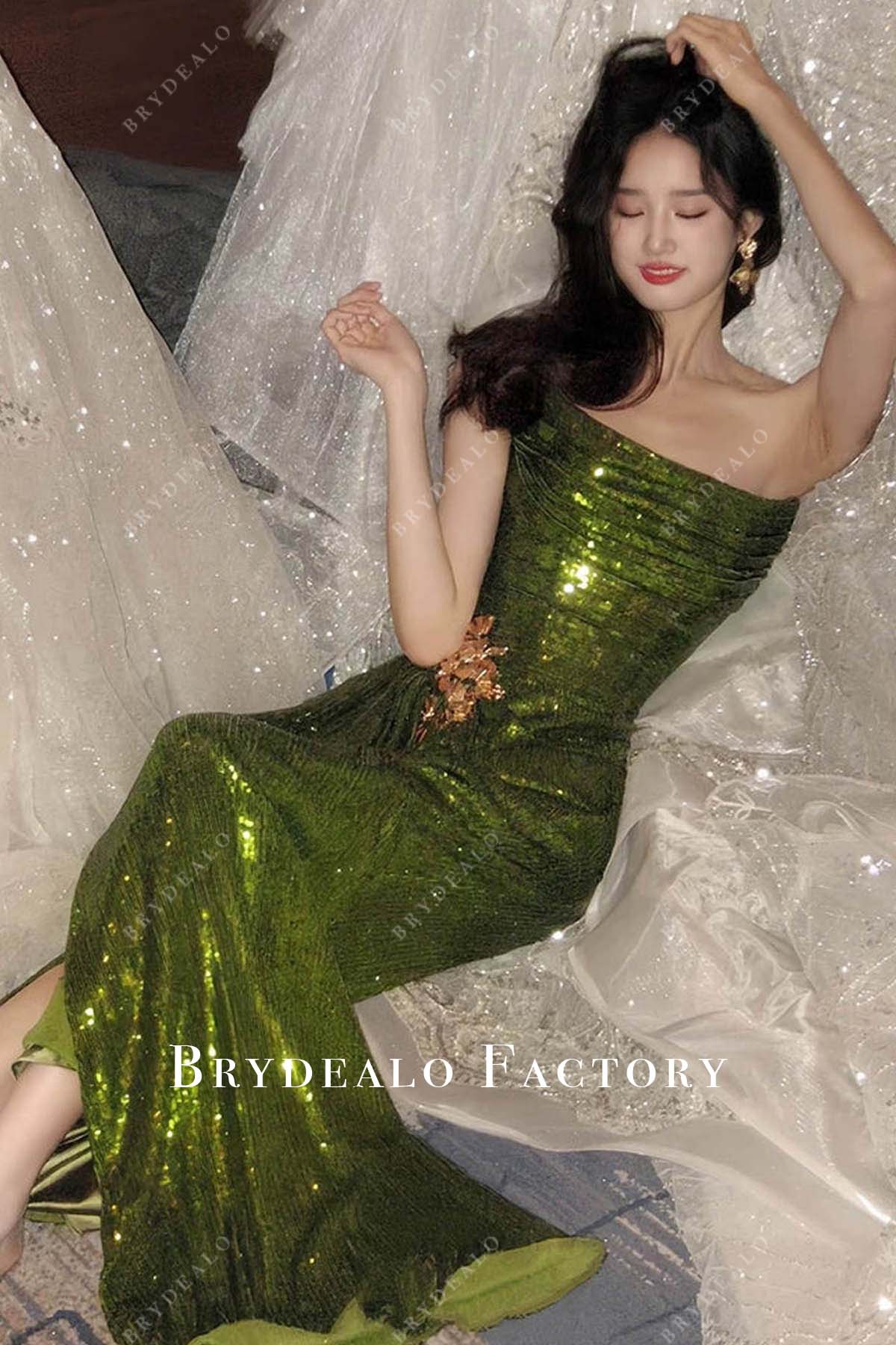 Custom Green Sequin Ruched Scoop Neck Strapless Slit Prom Dress Custom Green Sequin Ruched Scoop Neck Strapless Slit Prom Dress