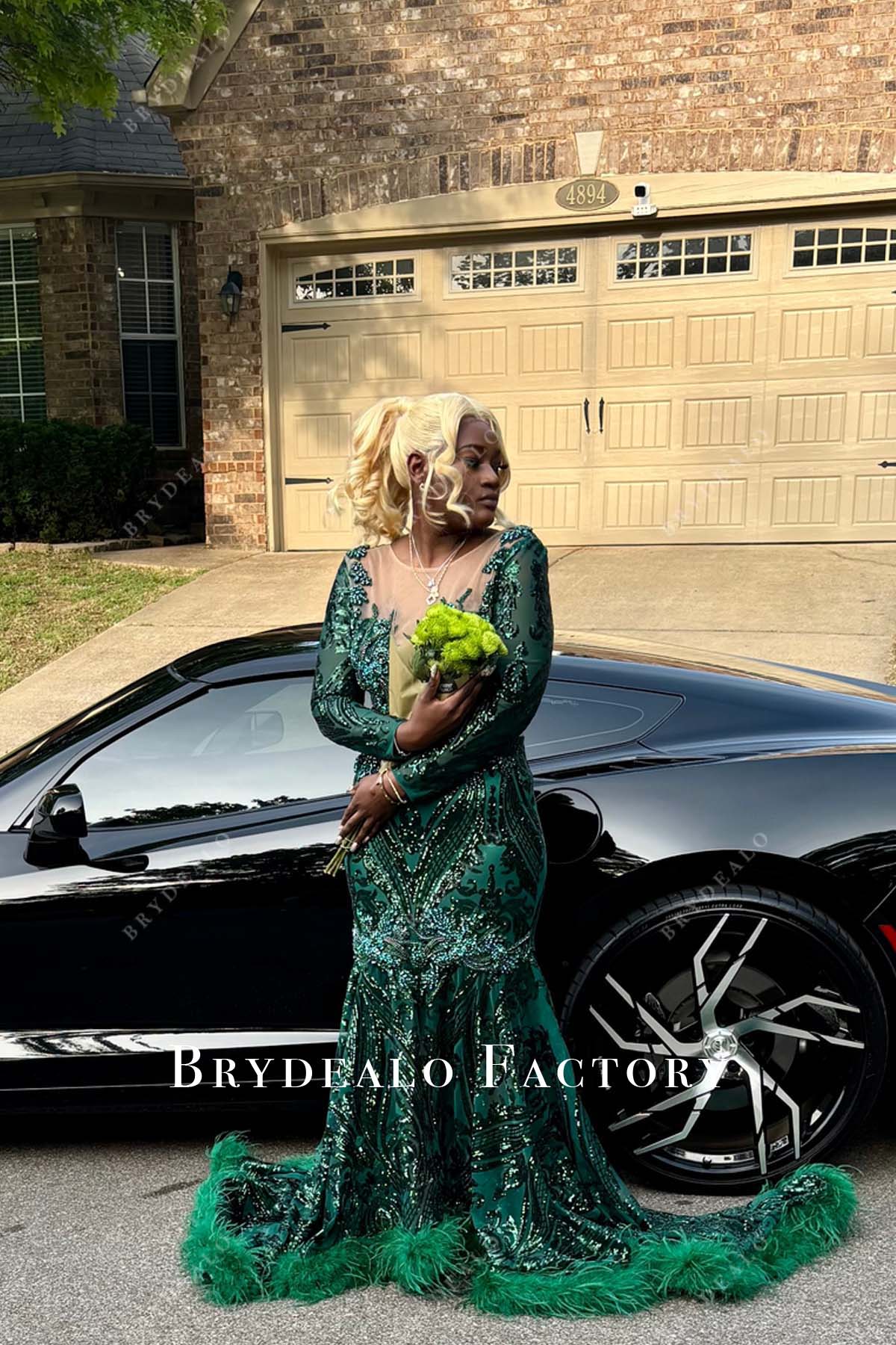 green plunging plus size sequin feather mermaid prom dress