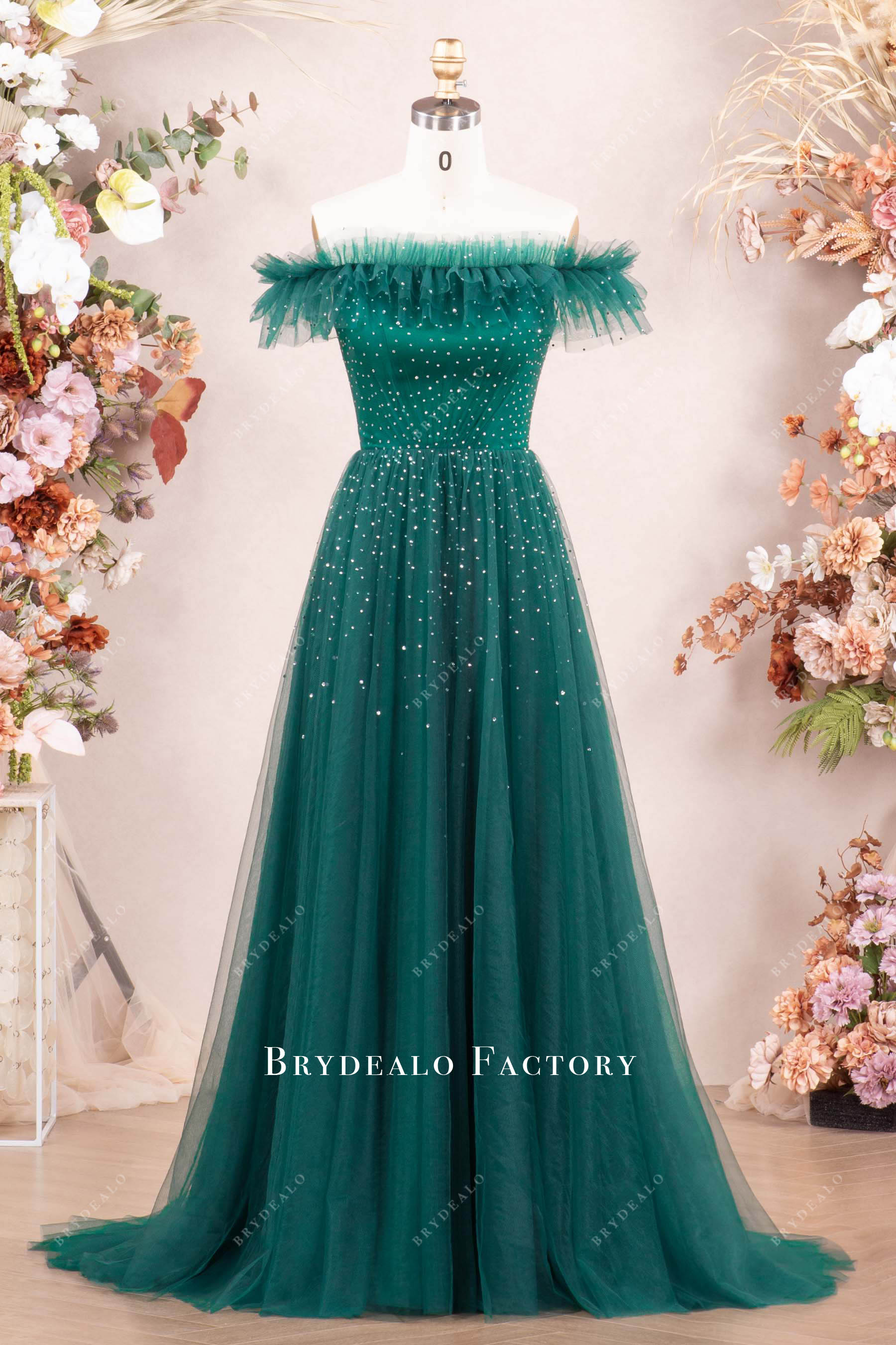 Shimmer Dark Green Tulle A-Line Elegant Long Evening Prom Dress Shimmer Dark Green Tulle A-Line Elegant Long Evening Prom Dress