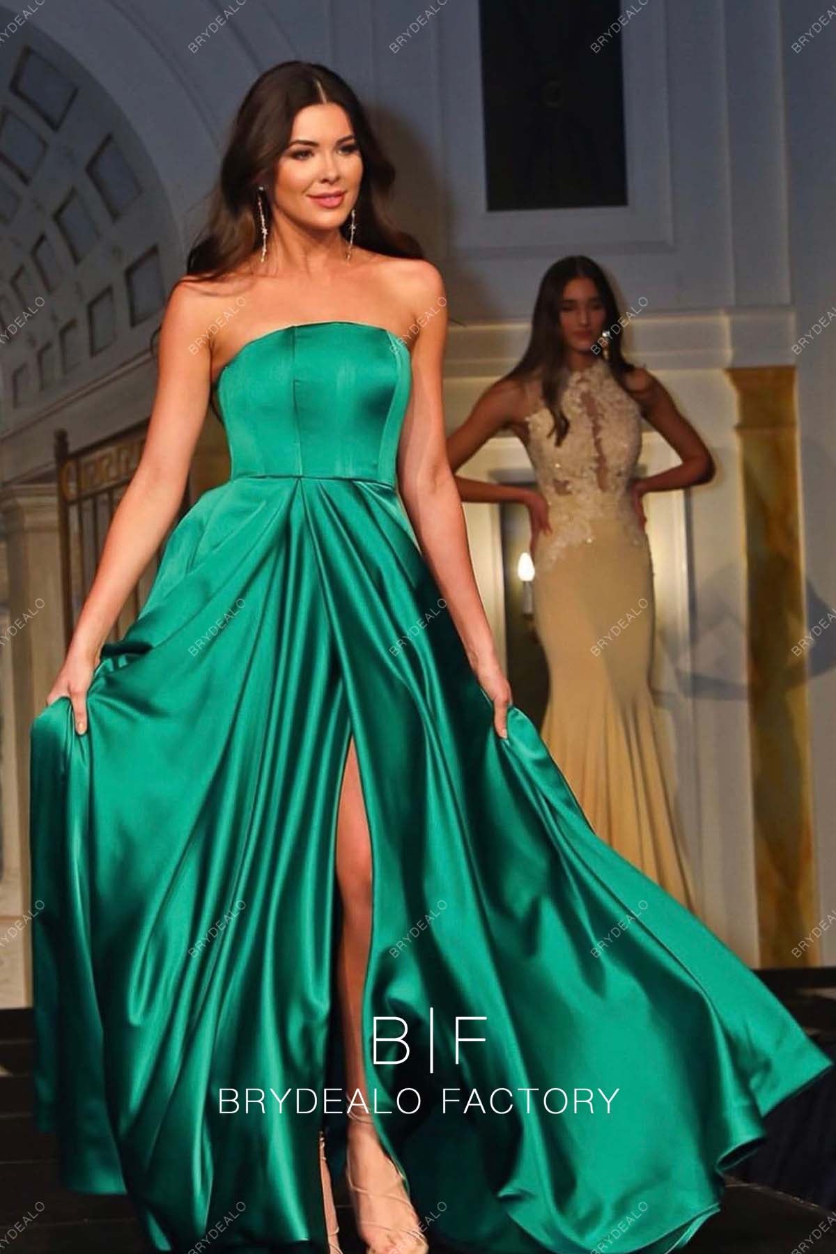 Jungle Green Strapless Satin Slit A-line Prom Evening Dress