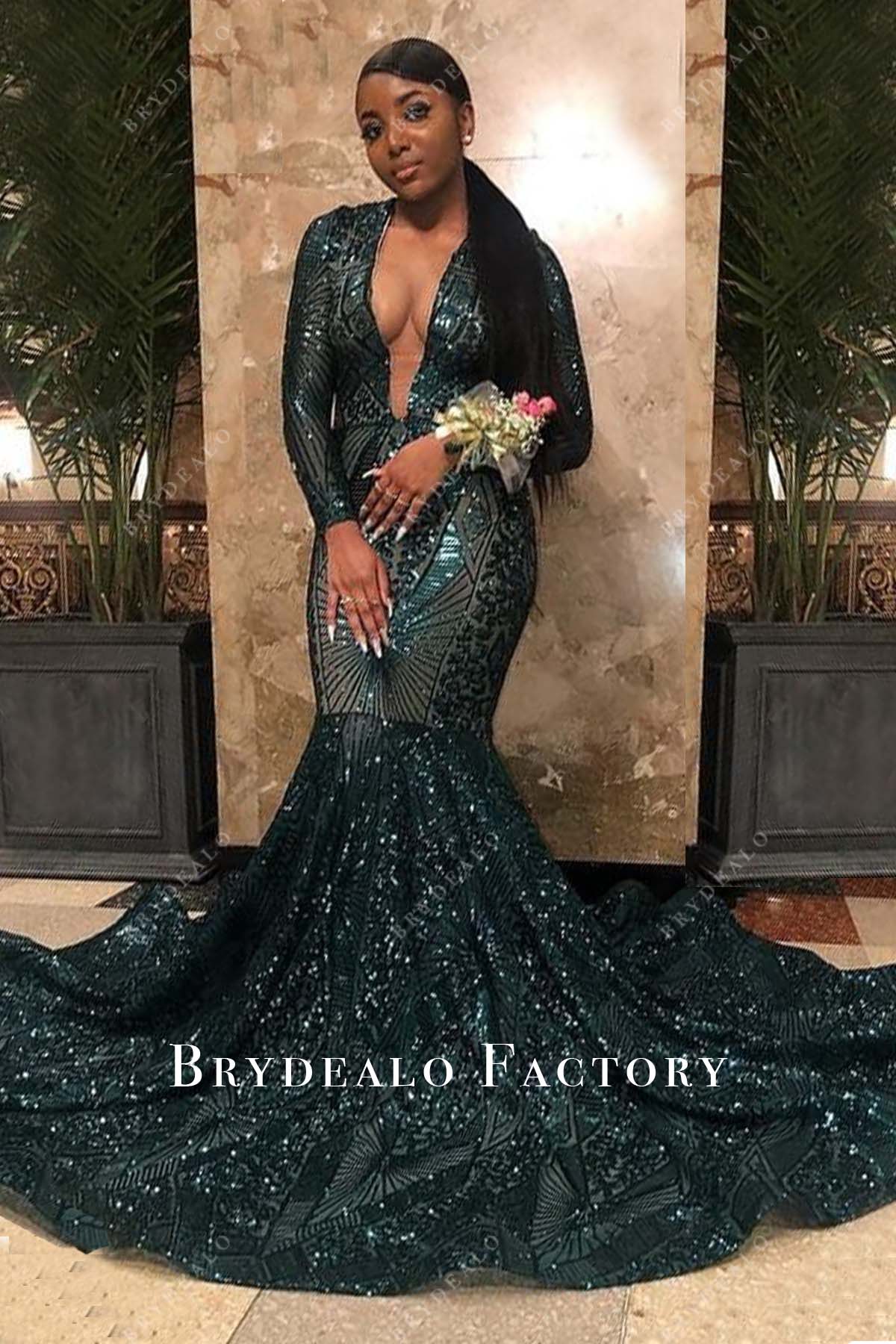 Dark Green Unique Sequin Plunging Mermaid Prom Dress