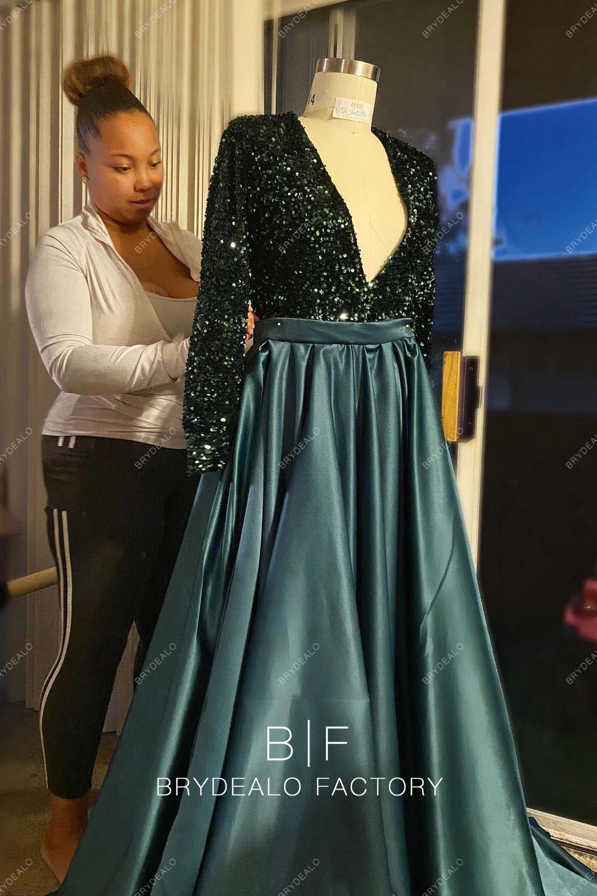 Green Sequin Satin Long Sleeve Plunging Neck Evening Prom Dress Green Sequin Satin Long Sleeve Plunging Neck Evening Prom Dress