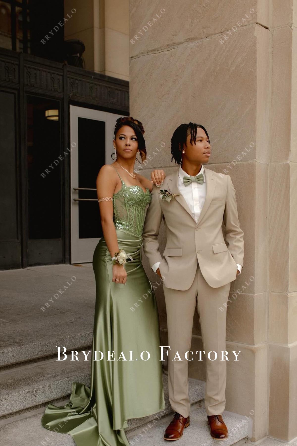 green sequined lace prom dress