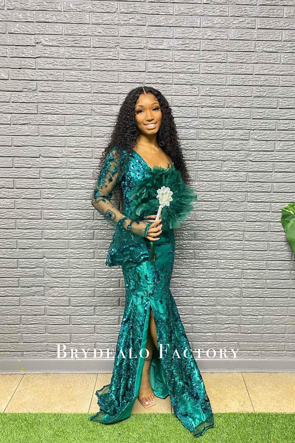 green slit mermaid prom dress