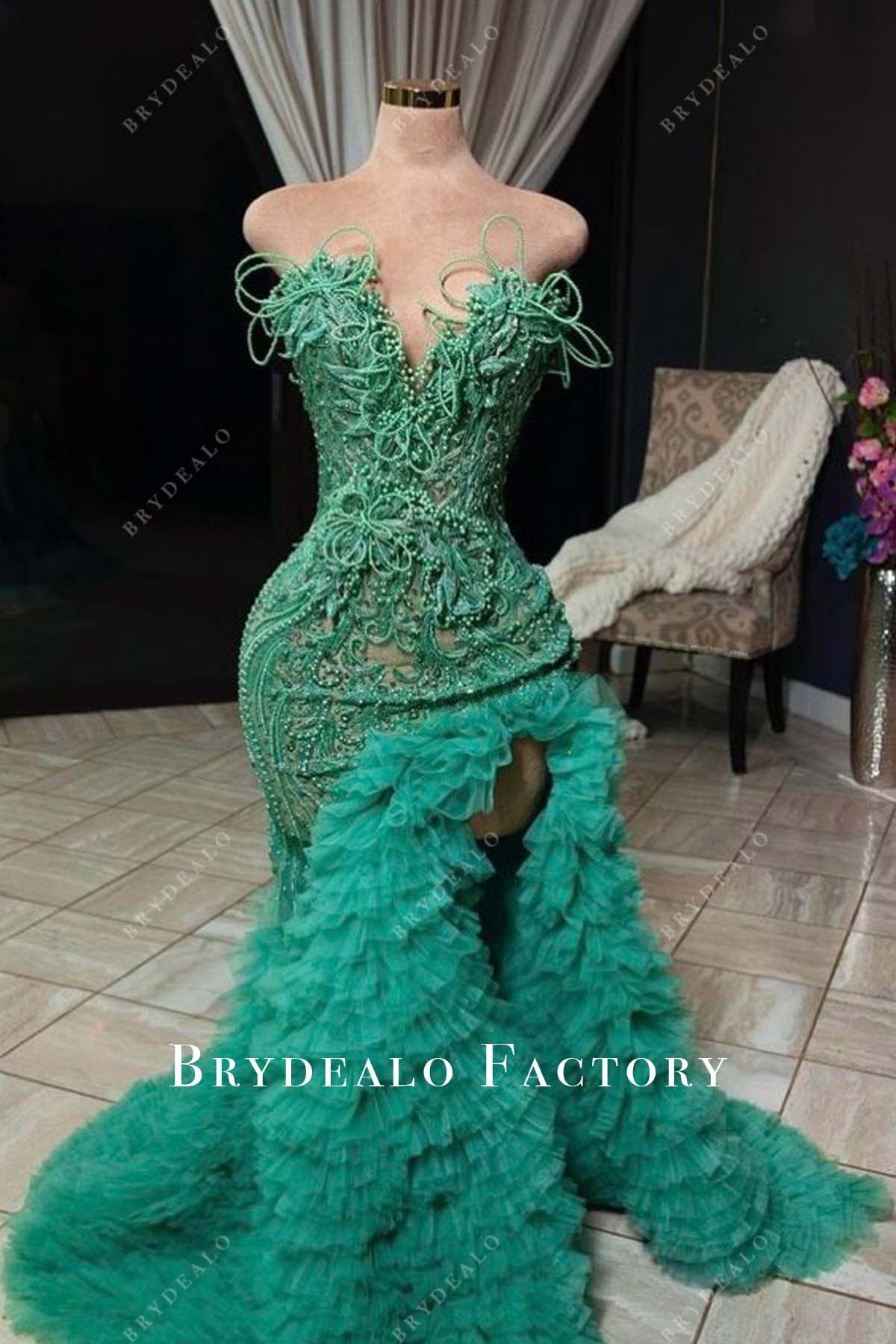 Green Pearls Strapless See-through Ruffled Trumpet Prom Formal Dress Green Pearls Strapless See-through Ruffled Trumpet Prom Formal Dress