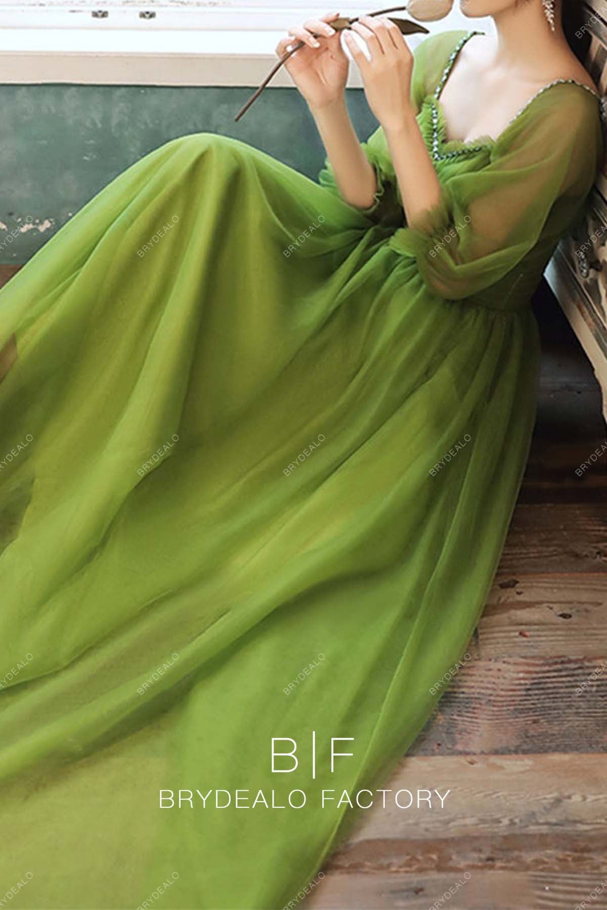 Moss Tulle 3/4 Sleeves Custom Floor Length Graduation Prom Dress Moss Tulle 3/4 Sleeves Custom Floor Length Graduation Prom Dress