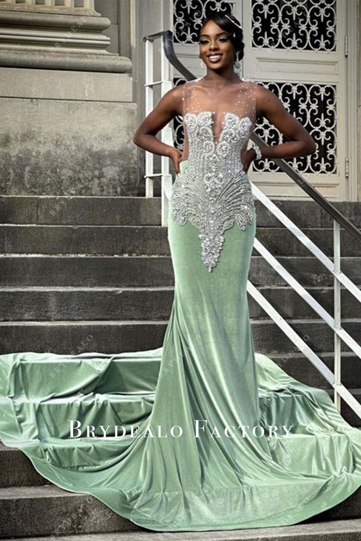 Sage Velvet Long Train Mermaid Rhinestones Prom Dress