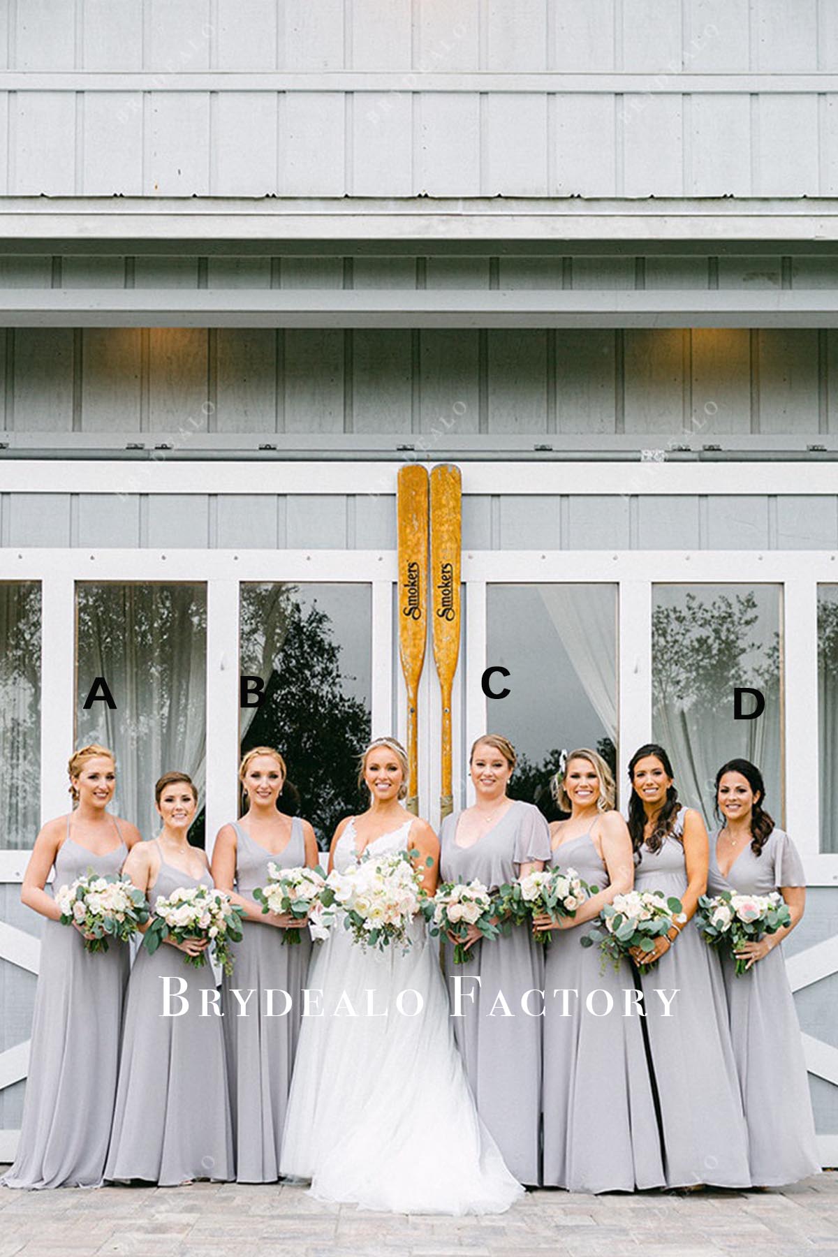 grey chiffon mismatched bridesmaid dresses