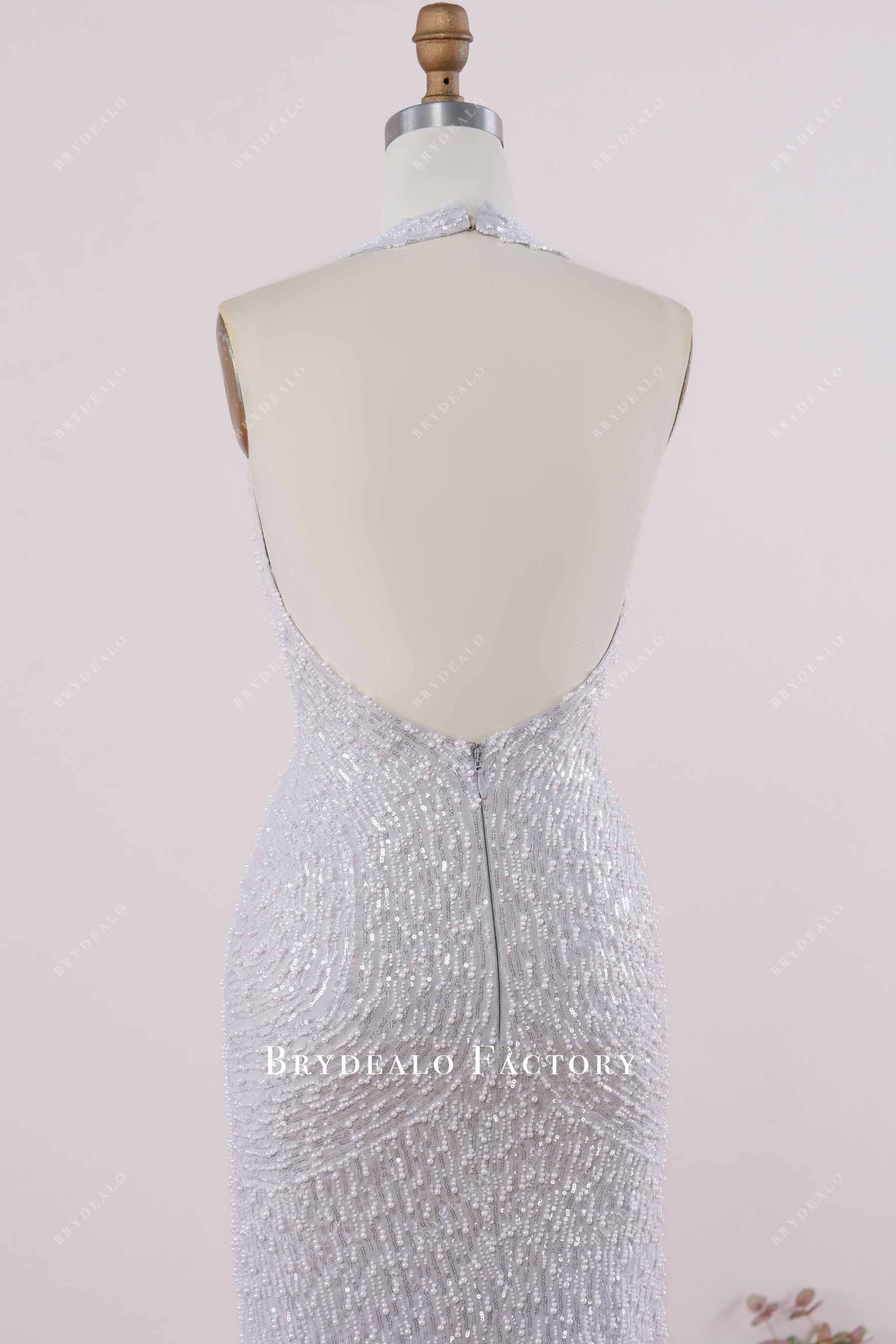 grey glitter halter backless prom dress