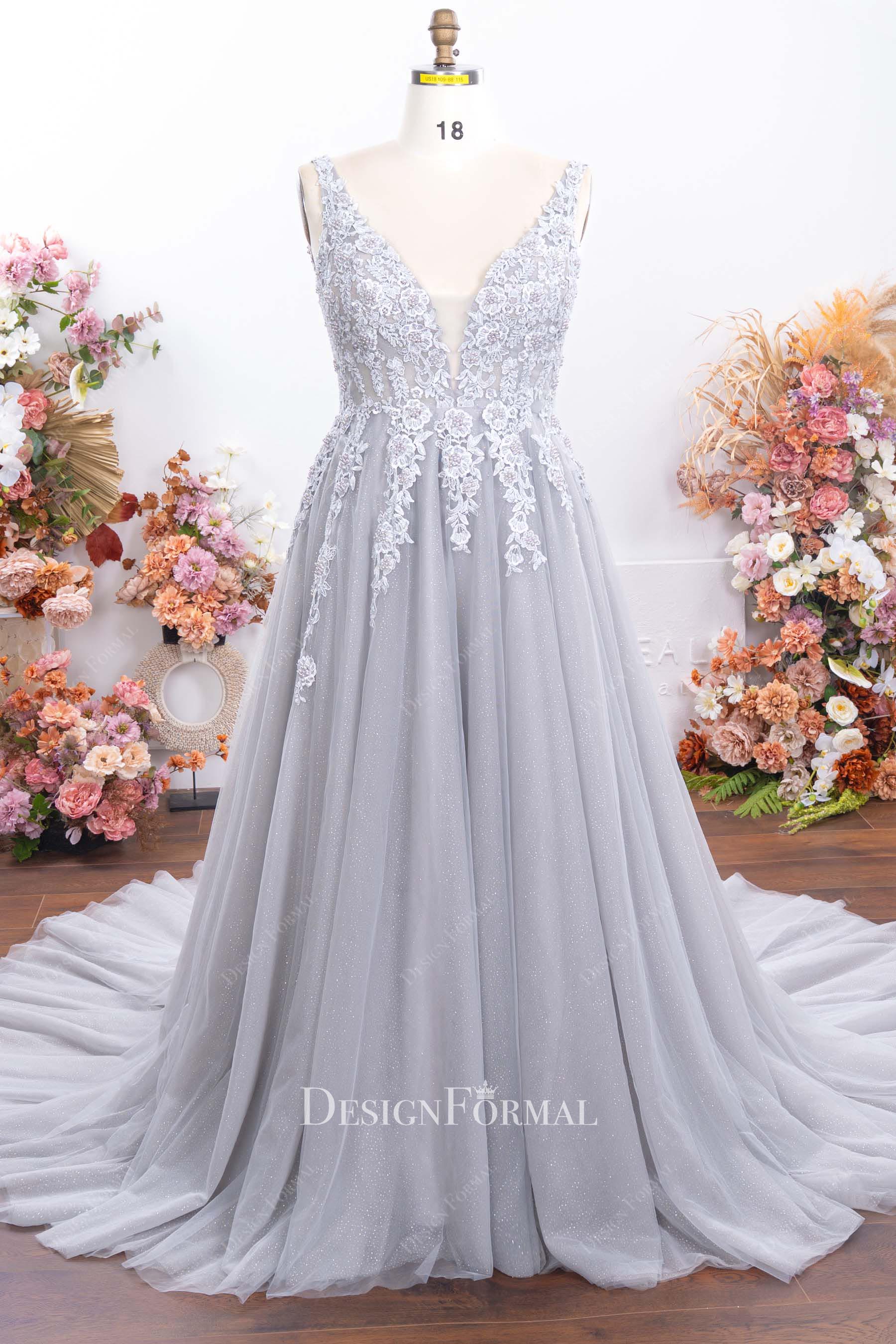 grey glitter tulle a line prom dress