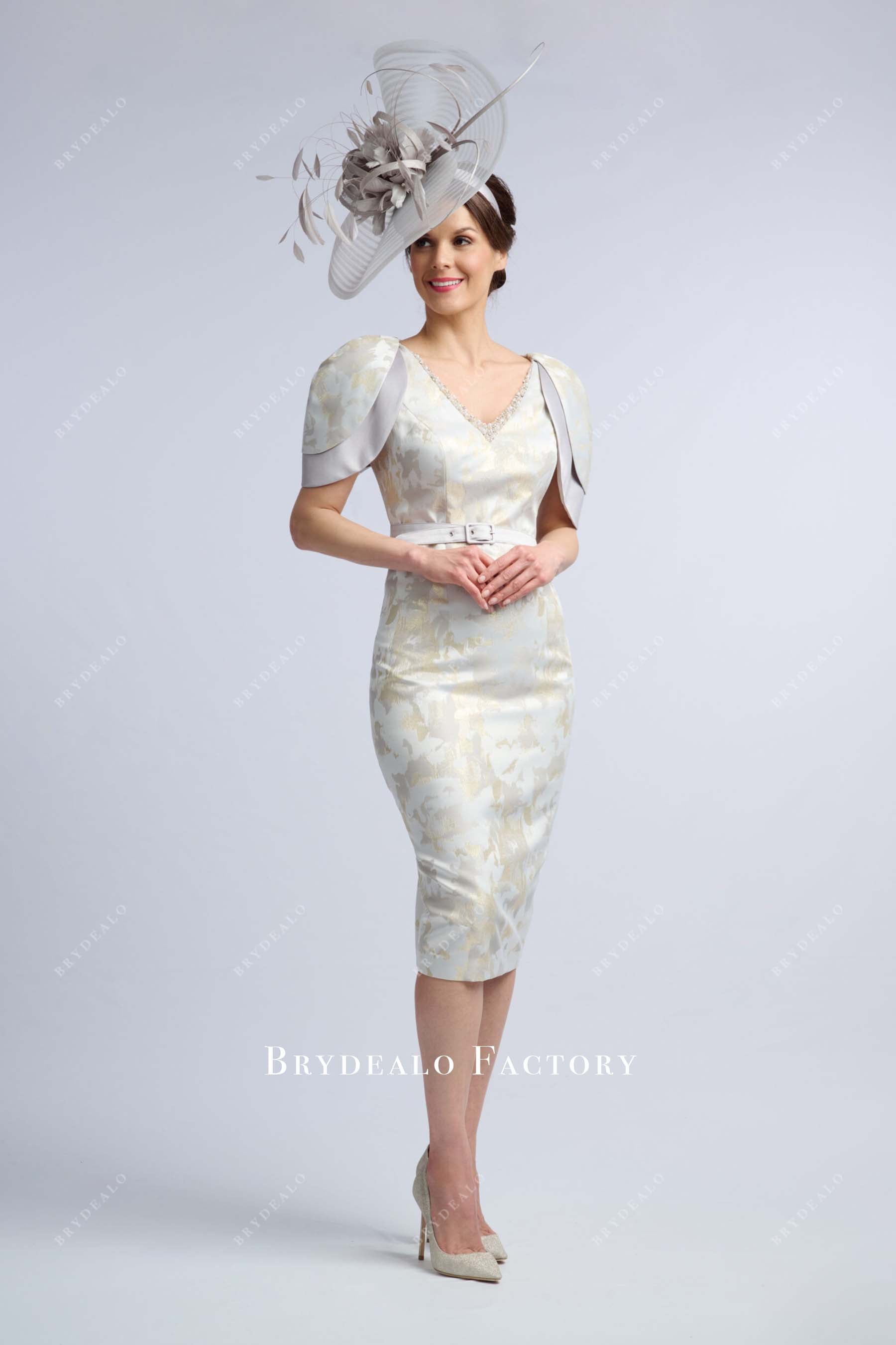 grey gold v neck mother of bride dress