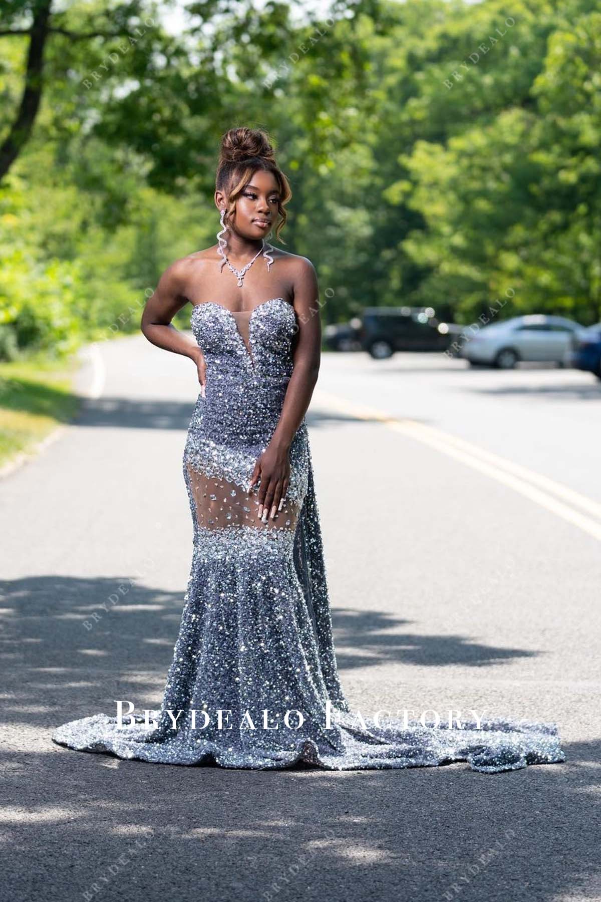 grey sequin strapless plunging neck prom gown