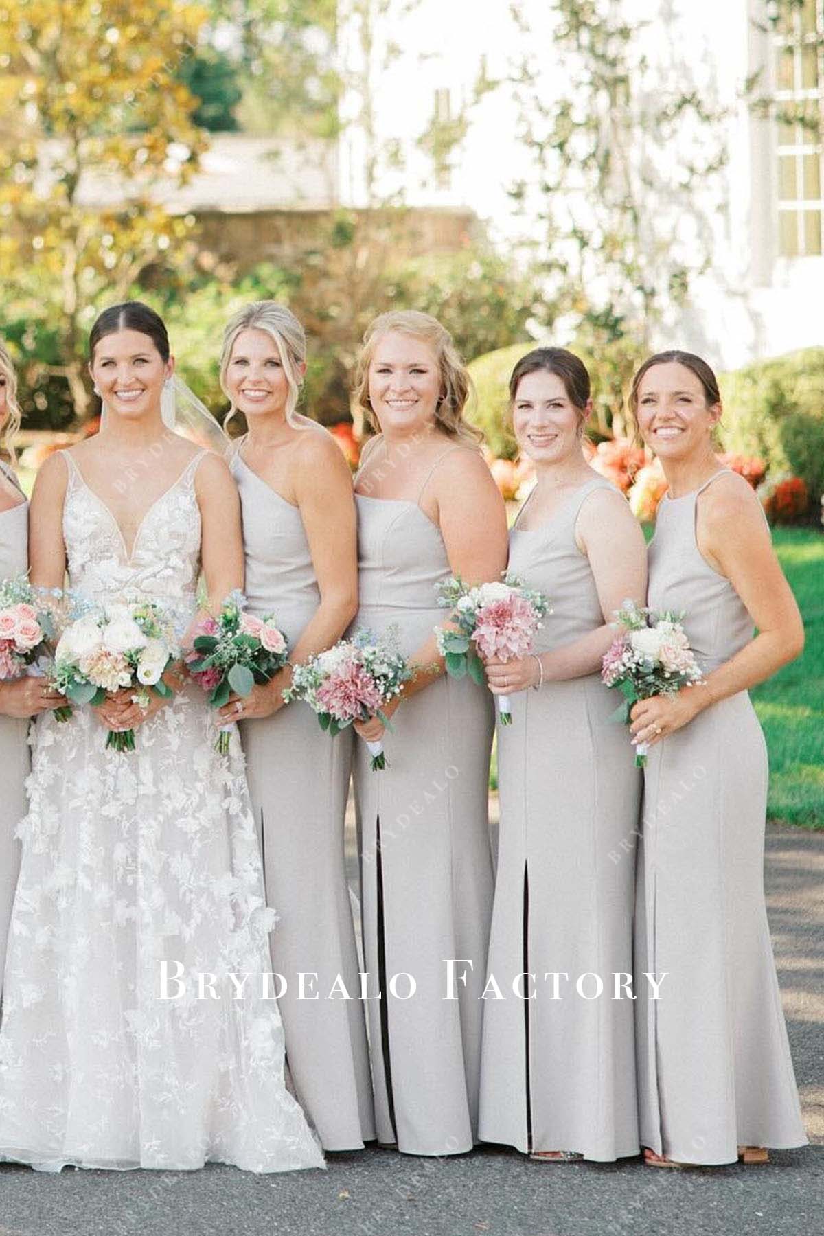 grey slit mismatched bridesmaid dresses
