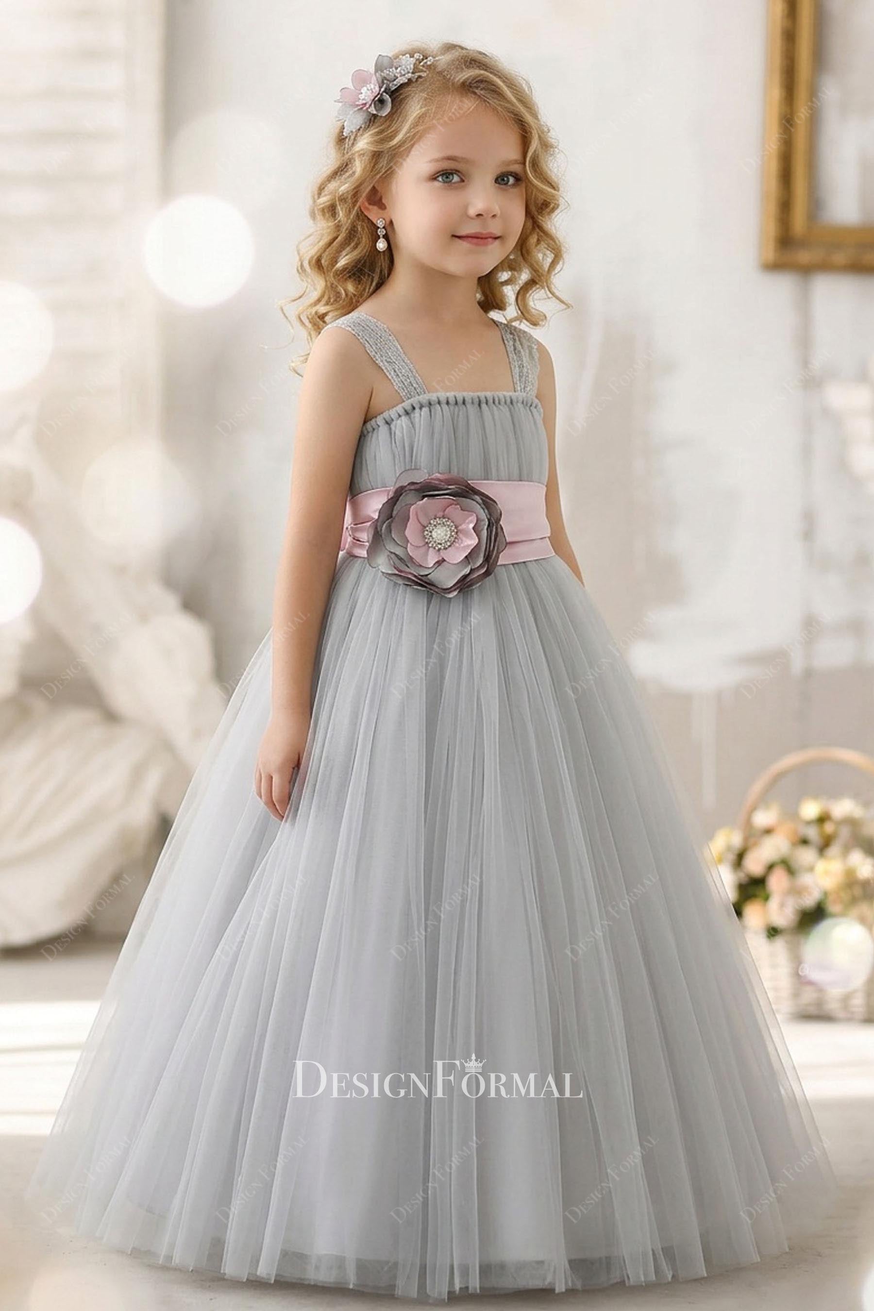 grey tulle floor length flower girl dress