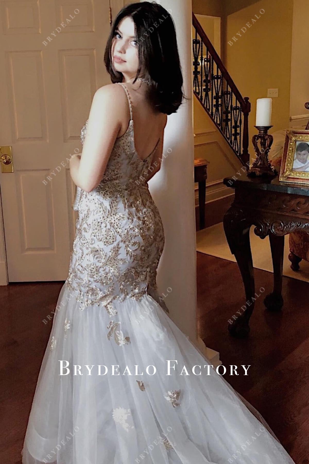 grey v back trumpet prom dress