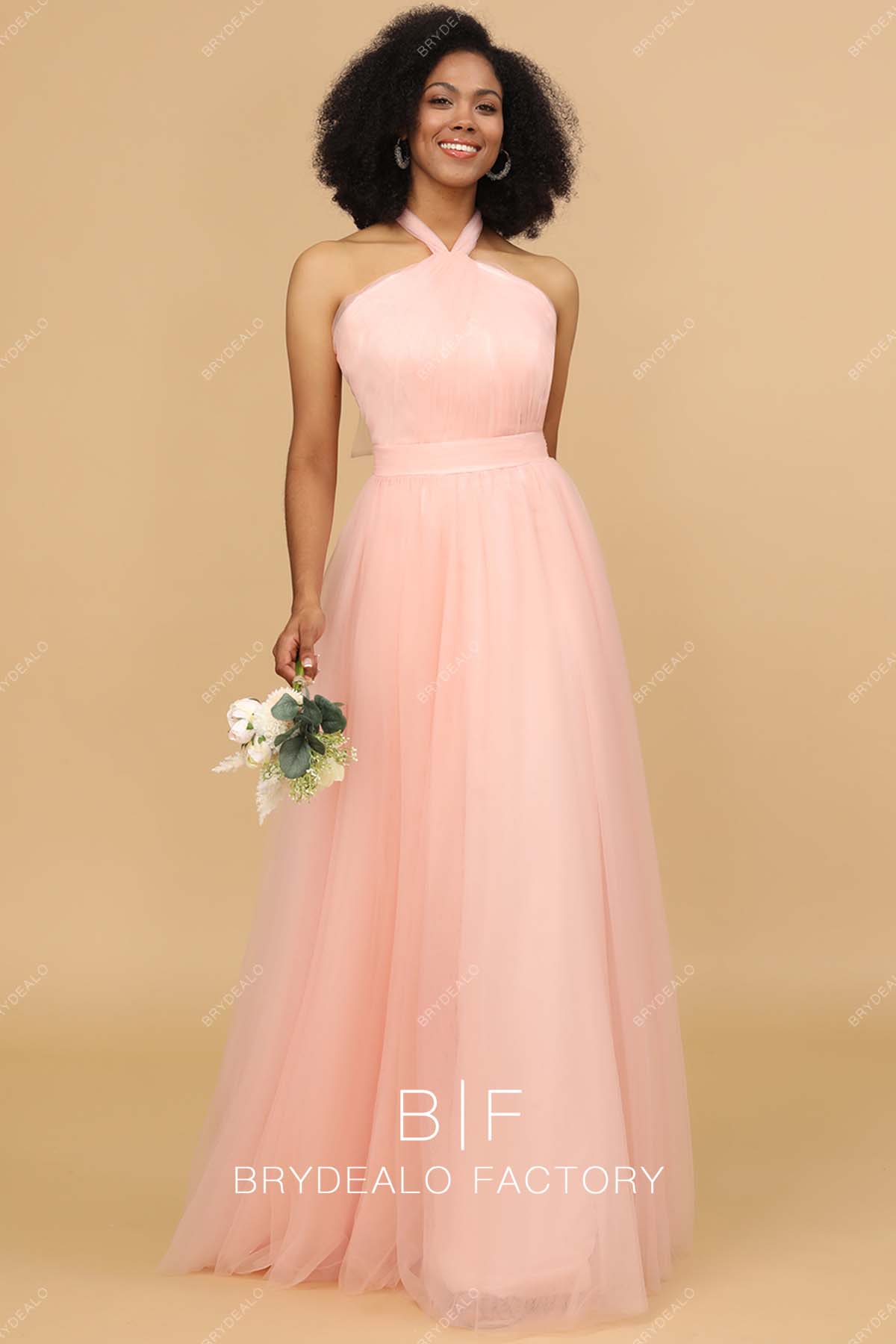 halter neck blush pink tulle long bridesmaid dress