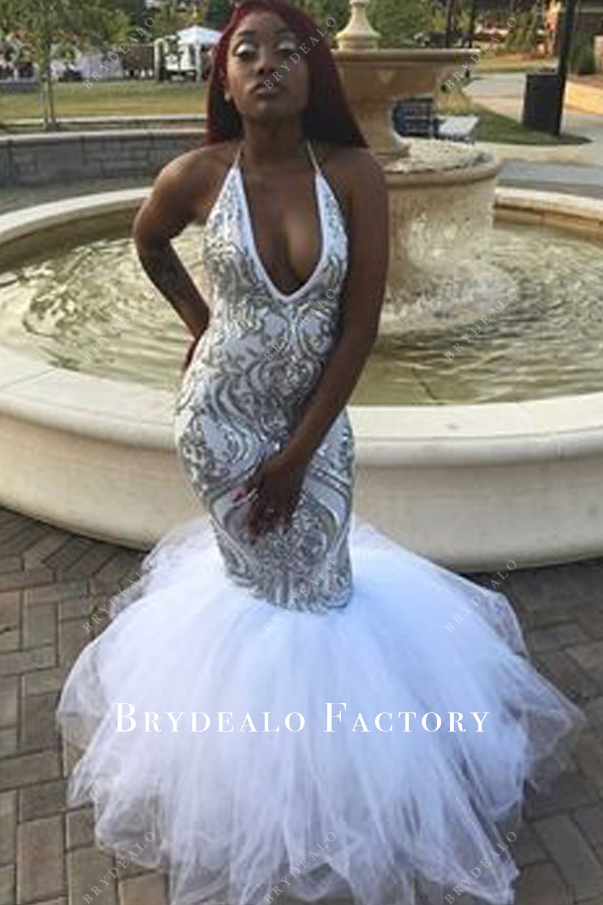 silver sequin halter white tulle trumpet prom dress