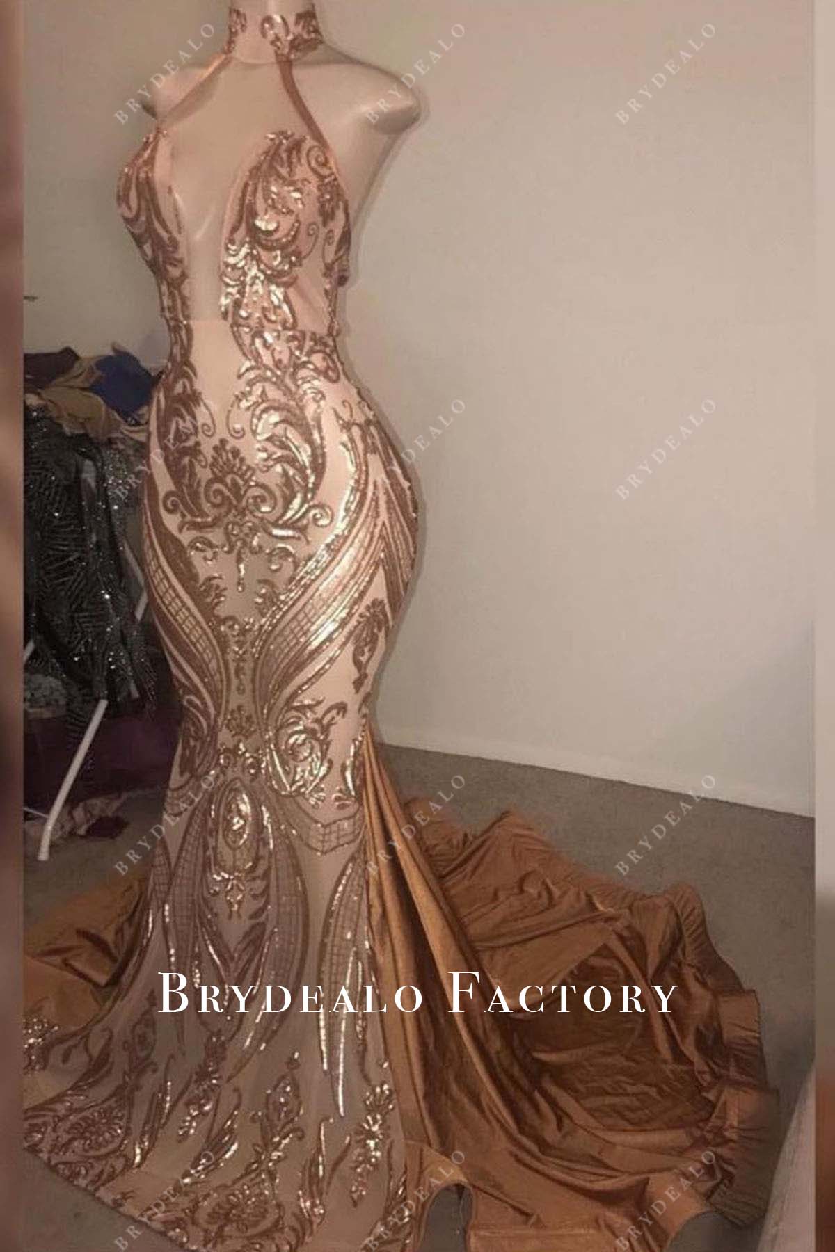 Gilt Lace Ornate Trumpet High Slit Prom Gown main image 0