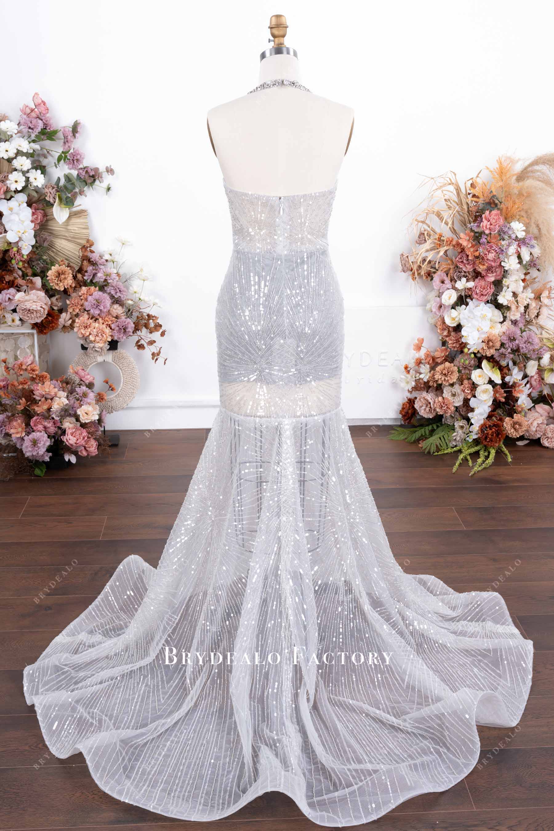 halter sleeveless ruffled train prom gown