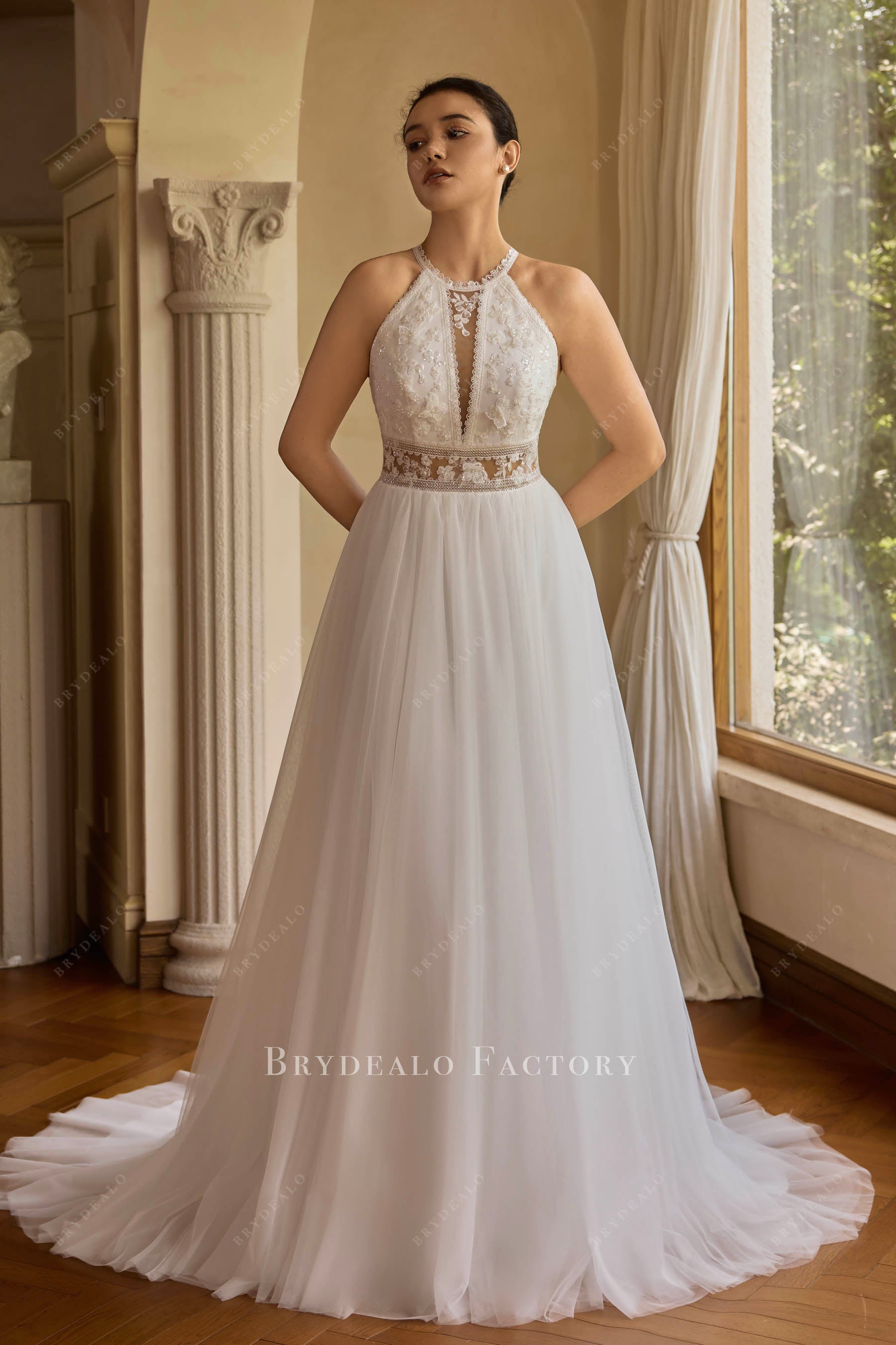 Beaded Lace Boho Halter A-Line Wedding Dress Beaded Lace Boho Halter A-Line Wedding Dress