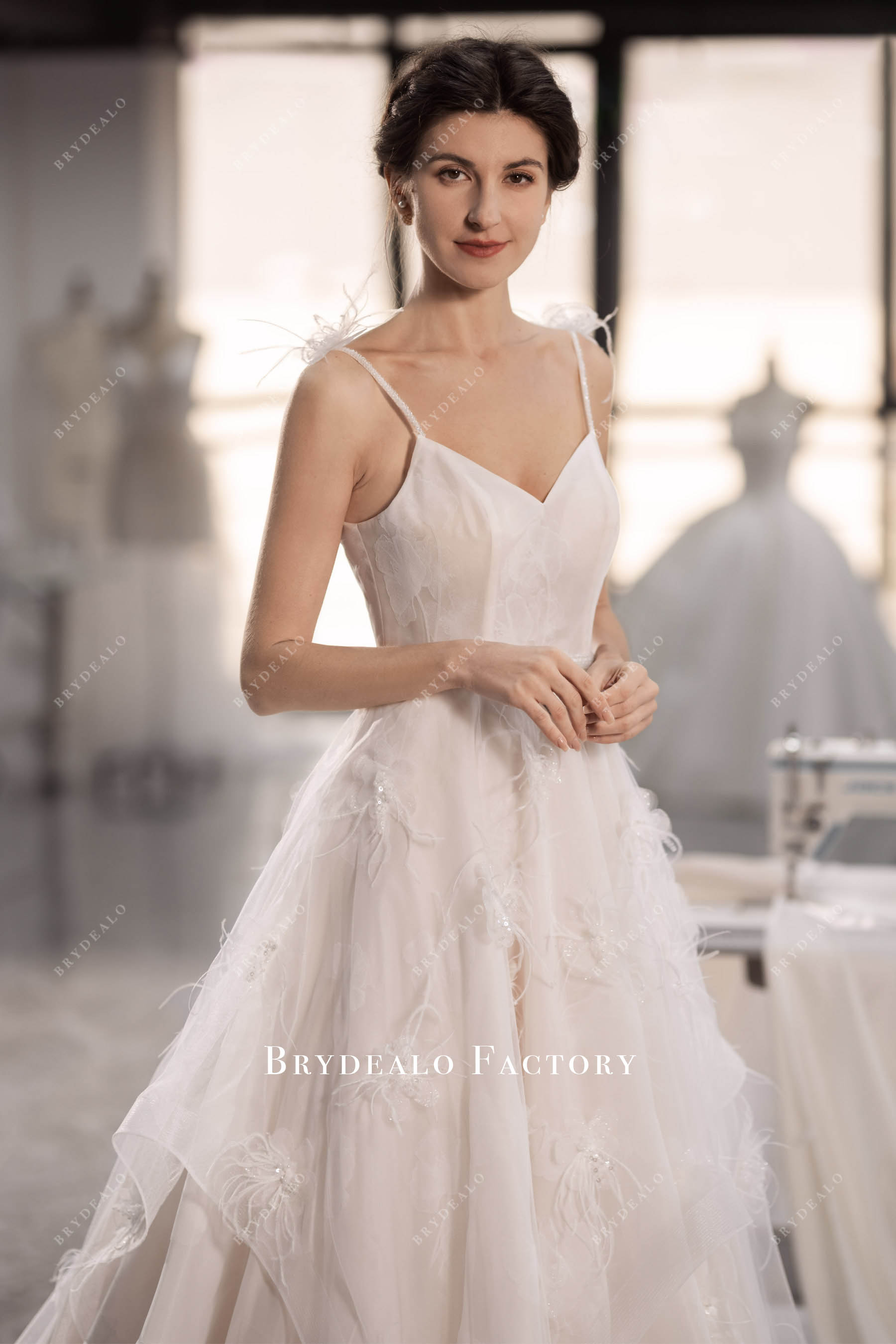 Fairy Lotus Organza Feather Flowers Boho Long Wedding Dress, White
